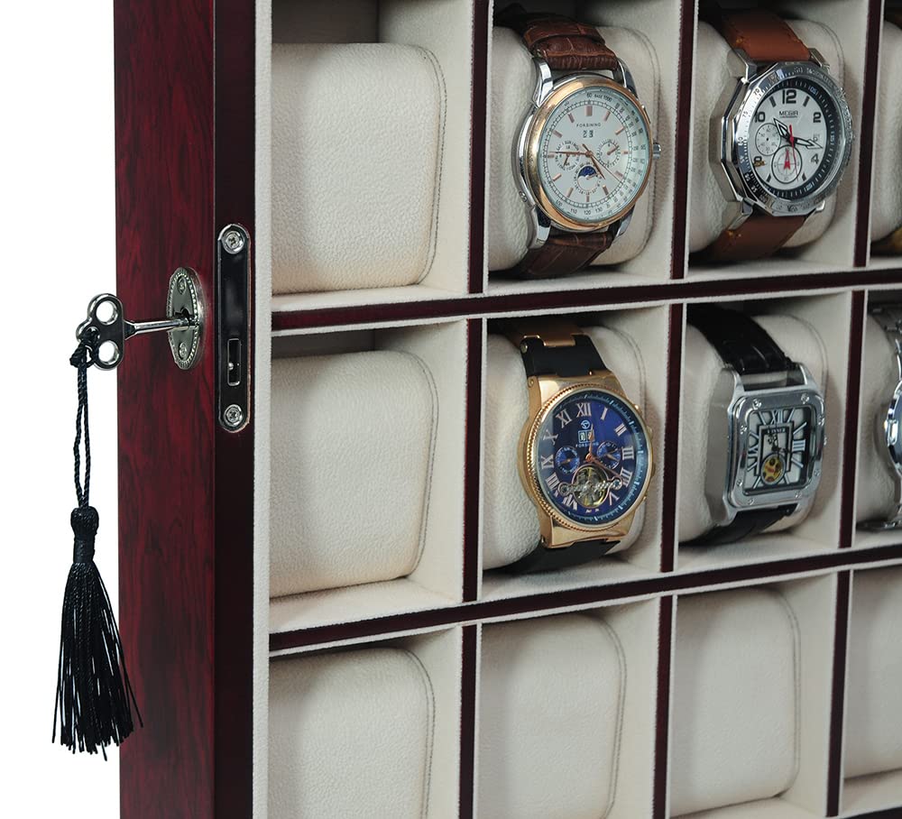 30-Piece Cherry Wood Watch Display Case - Wall Hanging & Tabletop Storage Organizer Box with Stand | Perfect for Watch Collectors, Jewelry Organization & Father's Day Gifts