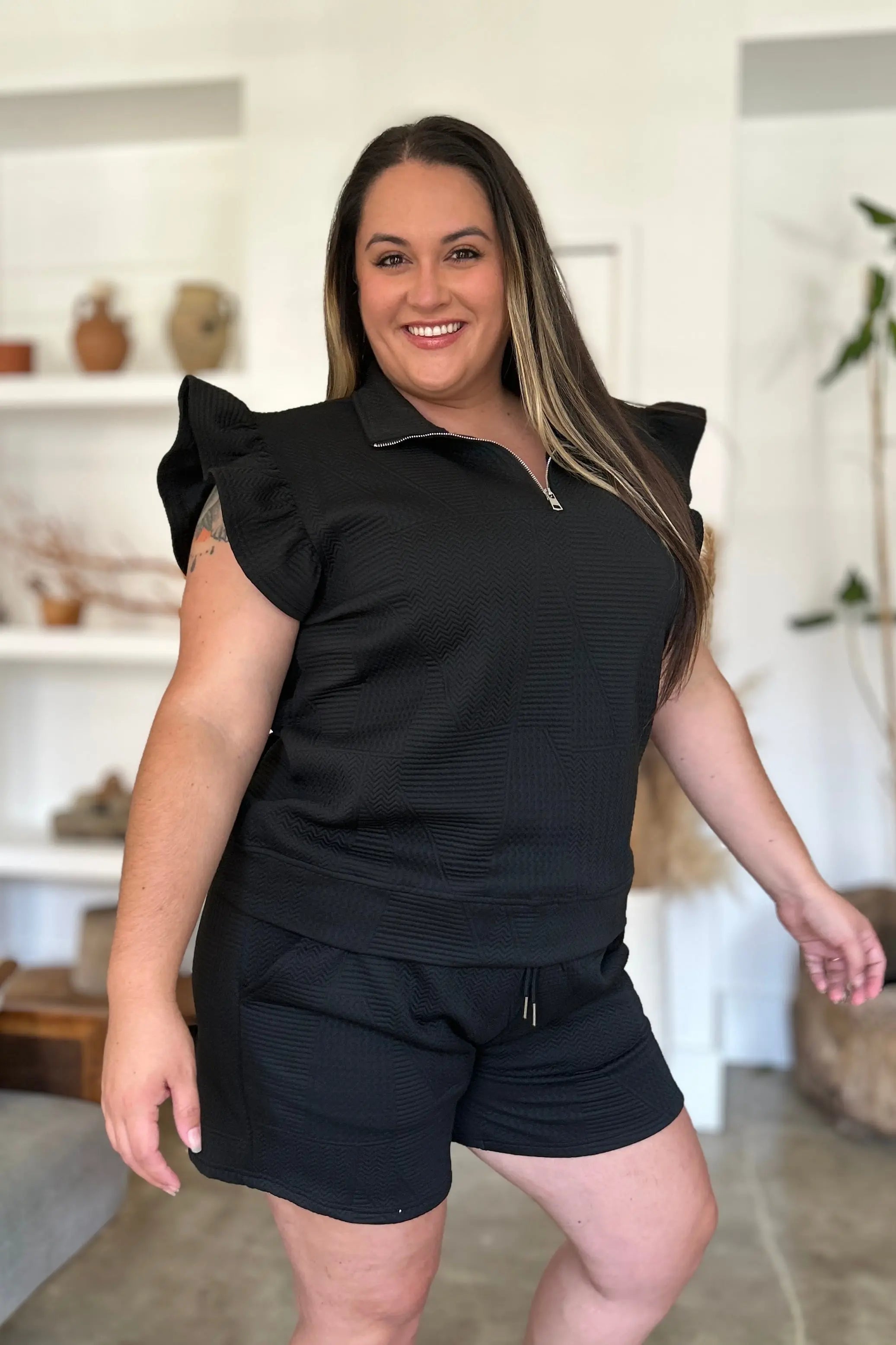 Double Take Full Size Textured Flounce Sleeve Top and Shorts Set - Women's Casual Summer Outfit for Beach, Vacation & Date Night