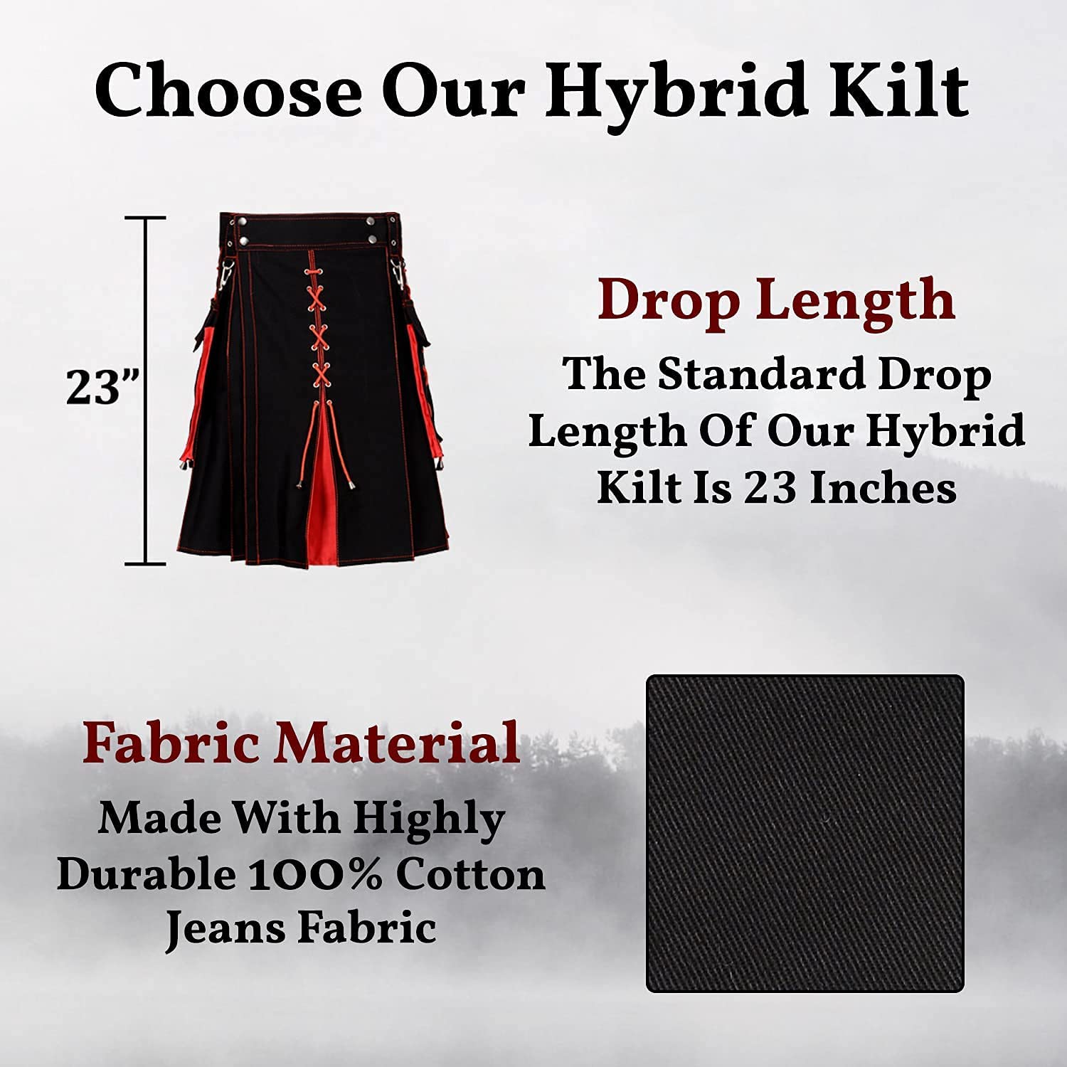 Men's Hybrid Utility Kilts - Sport & Traditional Style Red Highland Kilt - 100% Cotton Denim Jeans Material - Waist Size 30 (Black & Red) - Perfect for Renaissance Fairs, Highland Games & Outdoor Adventures