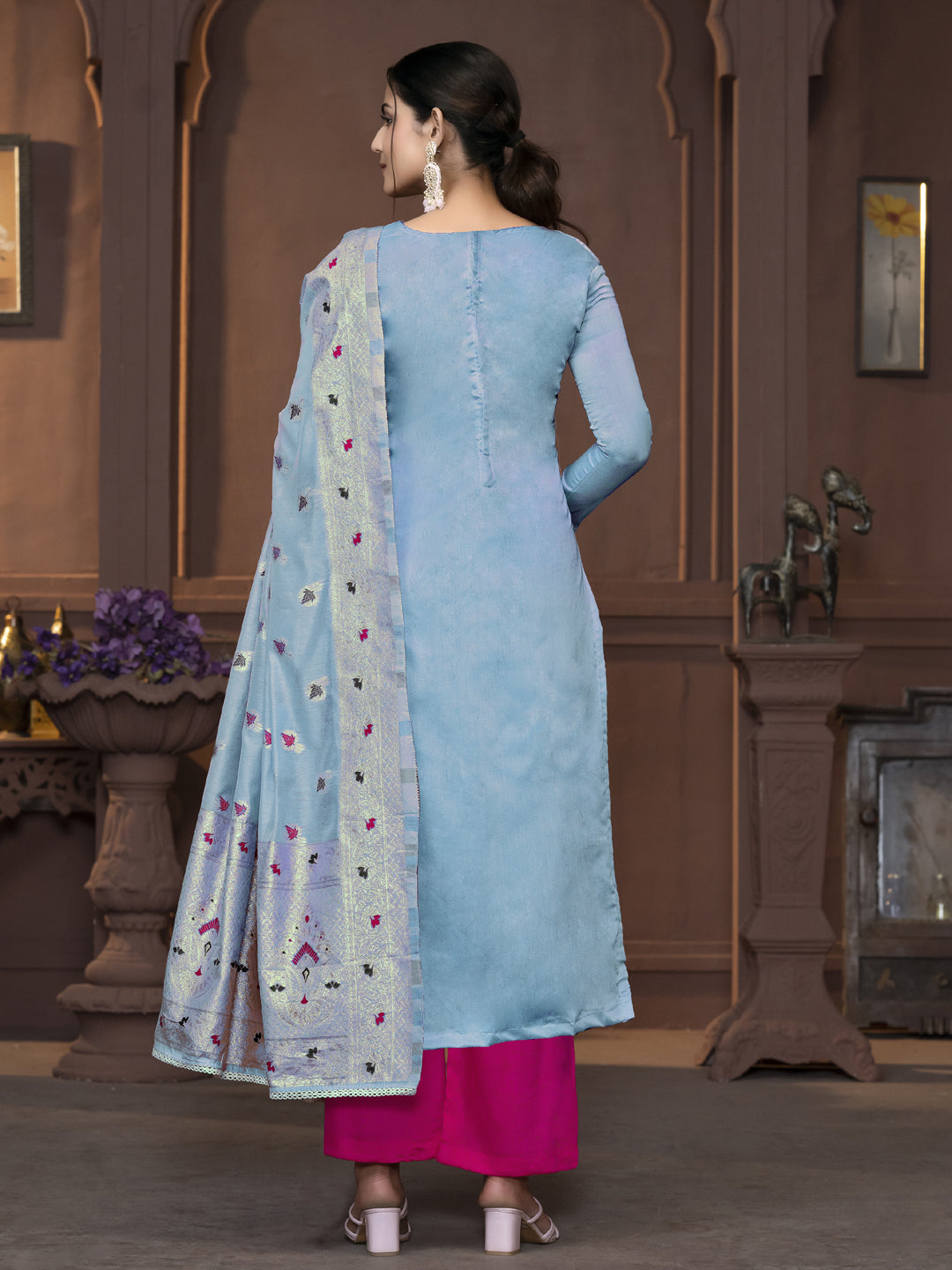 Blue Party Wear Ready-Made Pant Suit with Wevon Designer Handwork - Perfect for Weddings, Cocktail Parties & Special Occasions