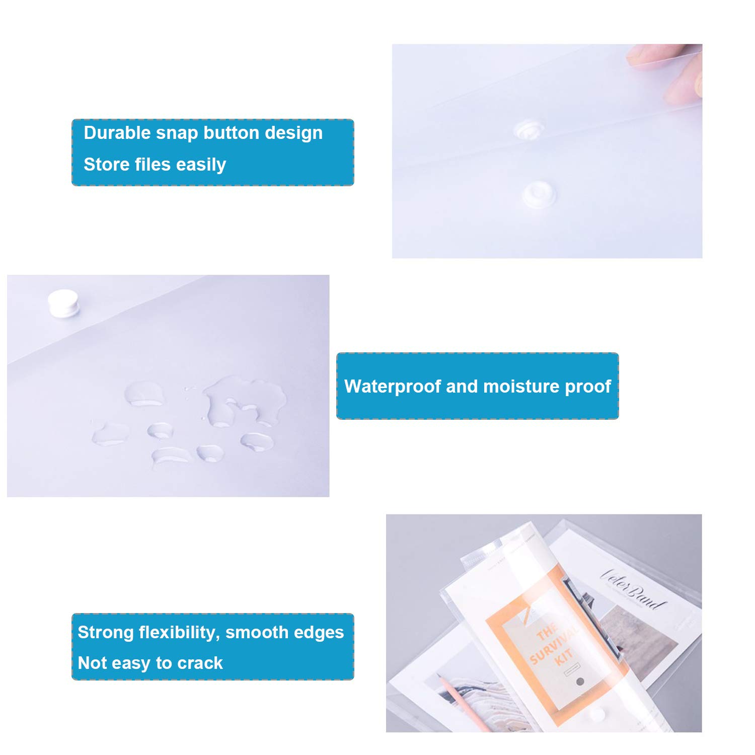 20 Pcs Clear Waterproof Plastic Envelopes with Button Closure - US Letter & A4 Size Poly Envelopes for School, Home, Office | Perfect for Document Storage, Mailing, and Organization (Ideal for Work, Travel & Outdoor Use)
