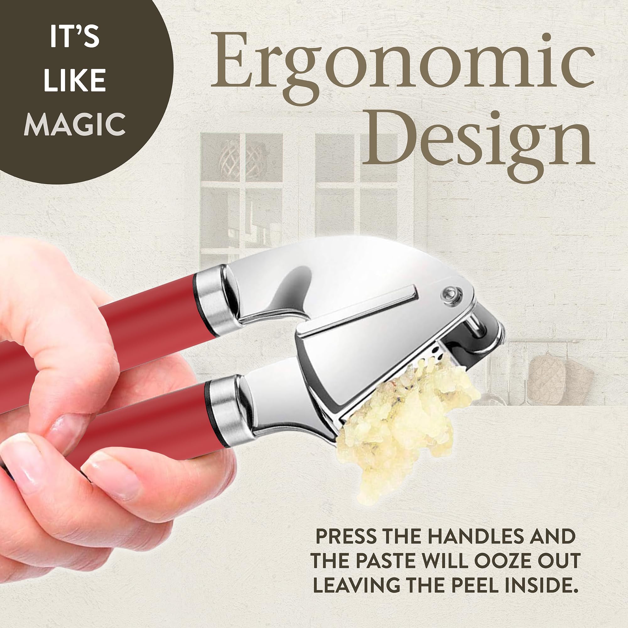 Premium Stainless Steel Garlic Press & Mincer Set - Professional Grade Garlic Crusher with Peeler - Dishwasher Safe, Rust-Proof & Easy Clean - Ideal for Cooking, Meal Prep & Kitchen Use (Red)