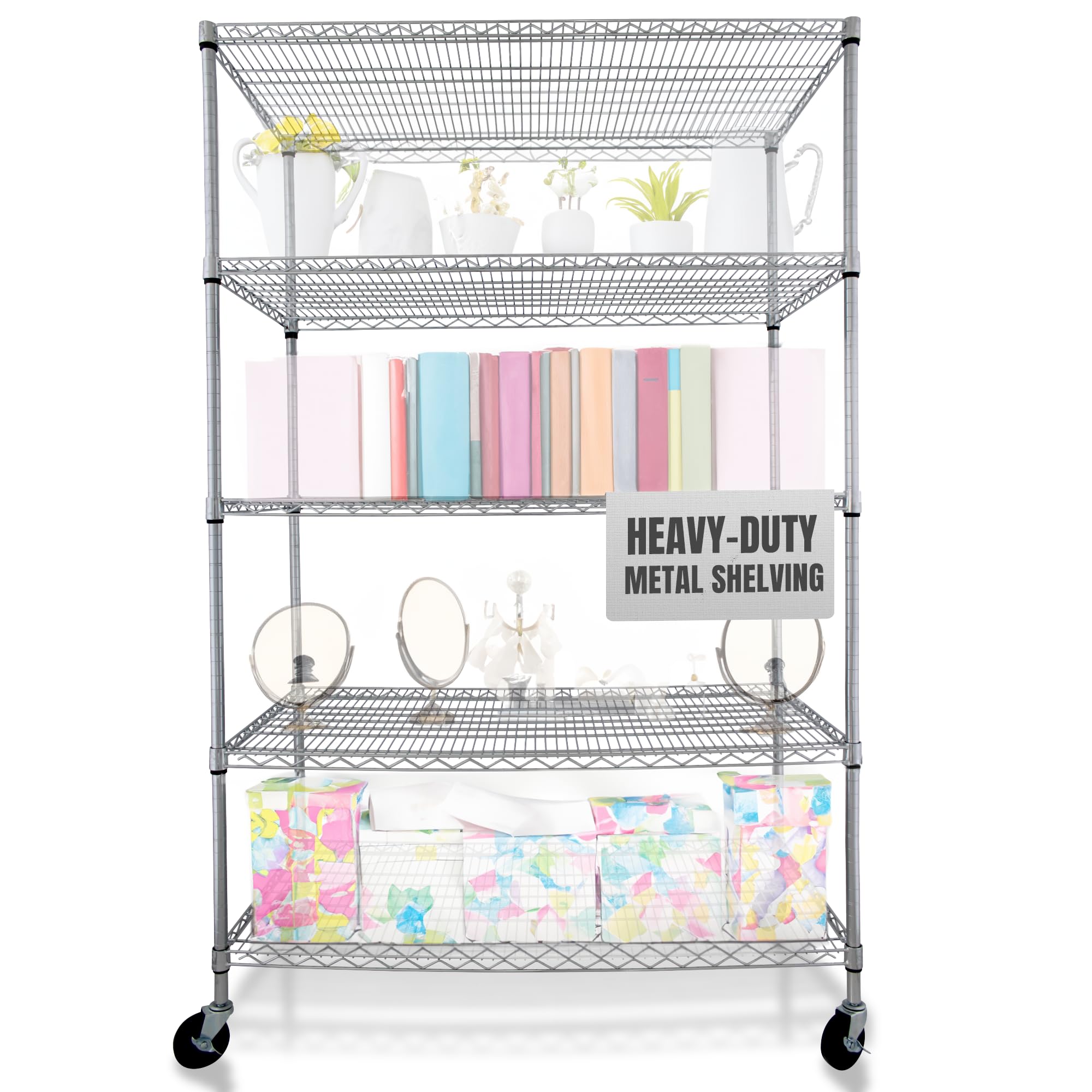 Heavy Duty 5-Tier Metal Shelving Unit with Wheels - 36