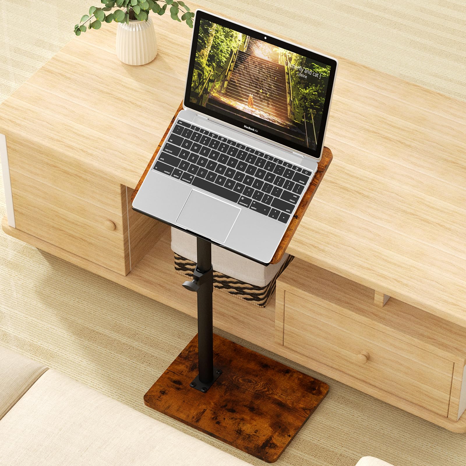 360° Swivel Adjustable Couch Armrest Tray Table - Height Adjustable Side Table for Sofa, Bed & Chair with Phone/Tablet Slot - Perfect for Snacking, Reading & Working in Small Spaces (Rich Finish, Angle Adjustable)