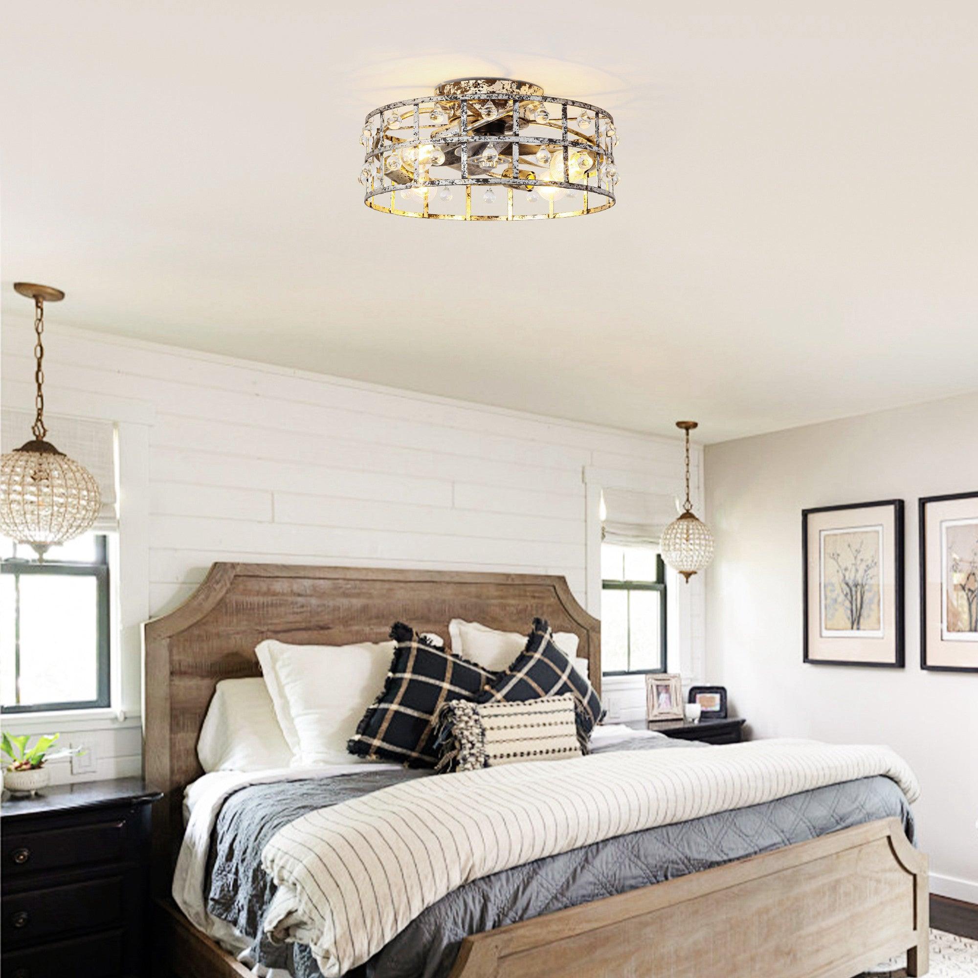 18 Inch Retro Silver Crystal Flush Mount Ceiling Fan with APP Remote Control & LED Light - Perfect for Bedroom, Living Room, and Office Spaces