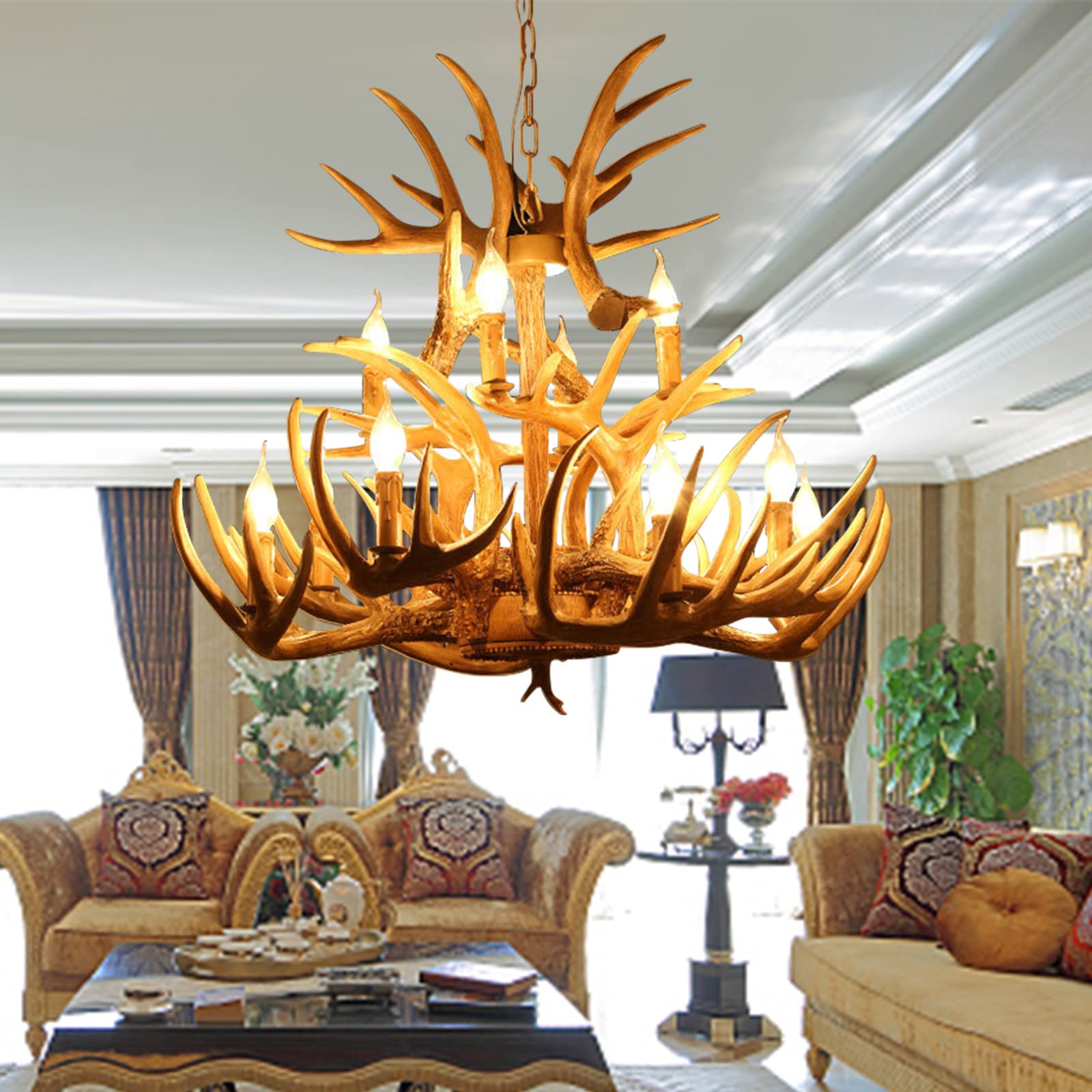 Rustic Antler Chandelier Lighting - Vintage Deer Horn Ceiling Light Fixture with 12 Lights for Farmhouse, Cabin & Western Decor | Perfect for Living Room, Dining Room, Bedroom, Bar, Cafe & Lodge