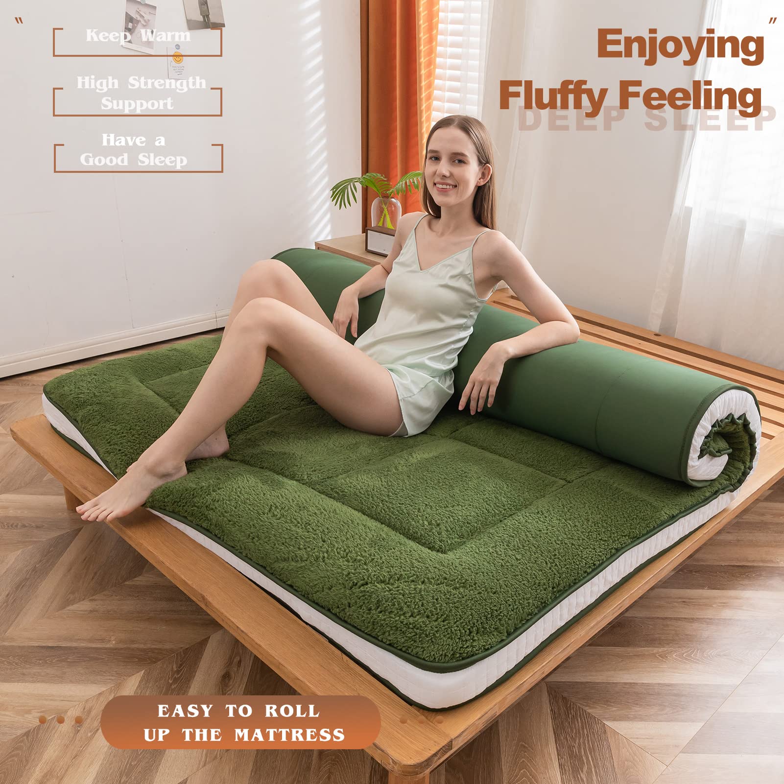MAXYOYO Sherpa Fleece Padded Japanese Floor Mattress - Ultra Soft Wool-Like All-Season Floor Cushion in Green | Perfect for Living Room Lounging, Guest Bedding & Cozy Home Decor
