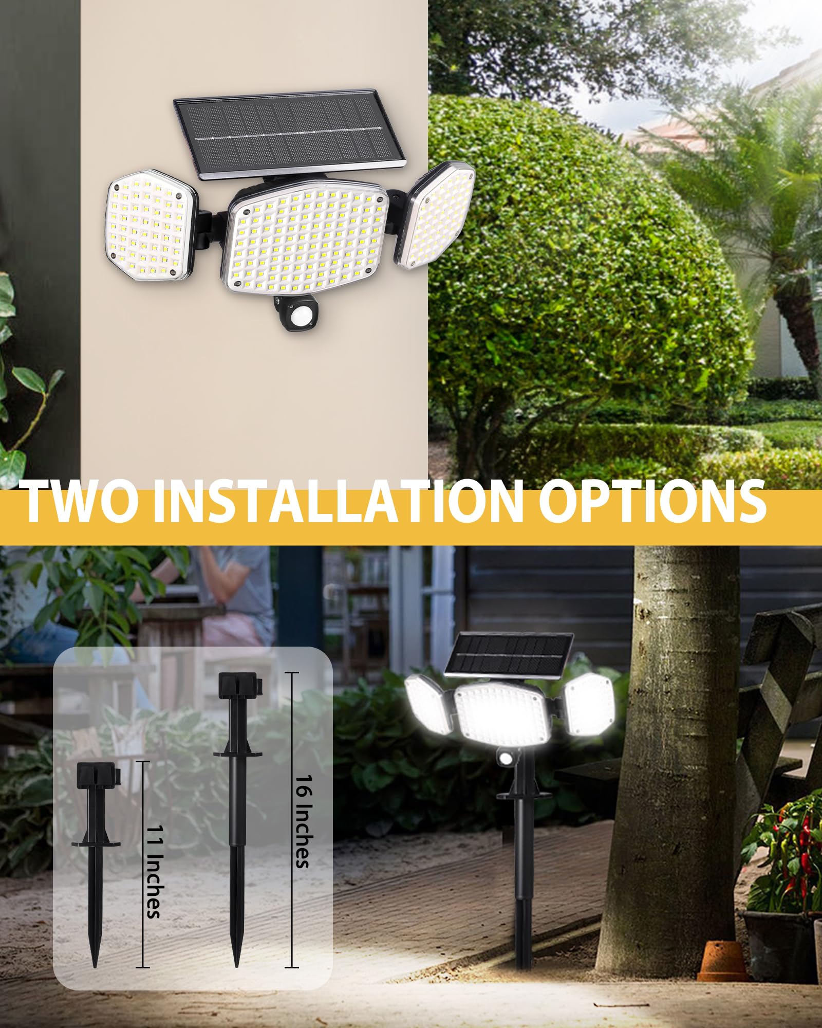 208 LED Solar Flood Lights Outdoor with Stakes - Motion Sensor Security Lights for Yard, Garden, Garage - Waterproof & Wireless (3 Pack) - Perfect for Pathway Lighting, Backyard Security & Landscape Illumination