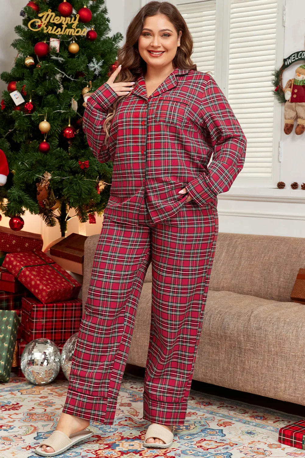 Plus Size Plaid Collared Neck Top and Pants Lounge Set - Comfortable Women's Loungewear for Home, Travel & Relaxation