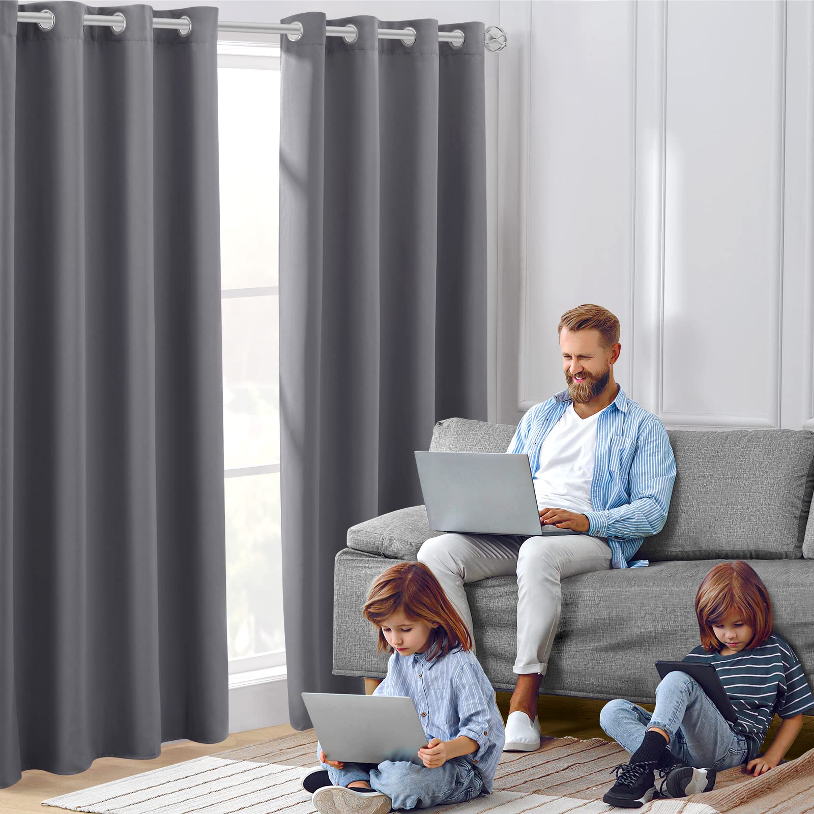 Blackout Curtains for Bedroom - 52x96 Inch Thermal Insulated Room Darkening Drapes, Soundproof Grommet Window Curtains Set of 2 Panels in Grey/Gray - Perfect for Living Room, Nursery & Home Theater