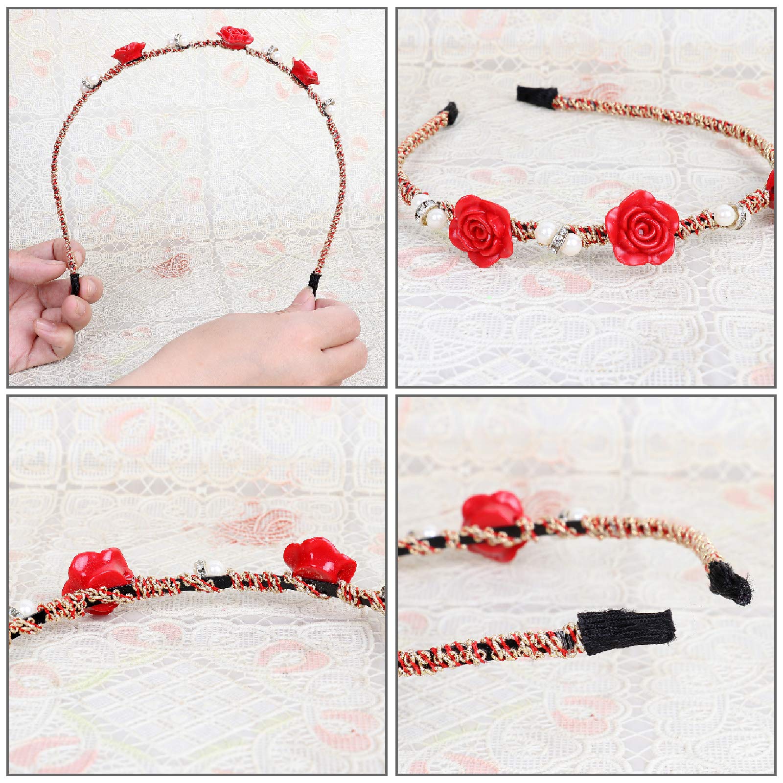 JK Home 4-Piece Set of Elegant Metal Headbands with Pearl & Rose Accents - Hand-Woven Hair Accessories for Women & Girls - Perfect for Weddings, Parties & Everyday Wear