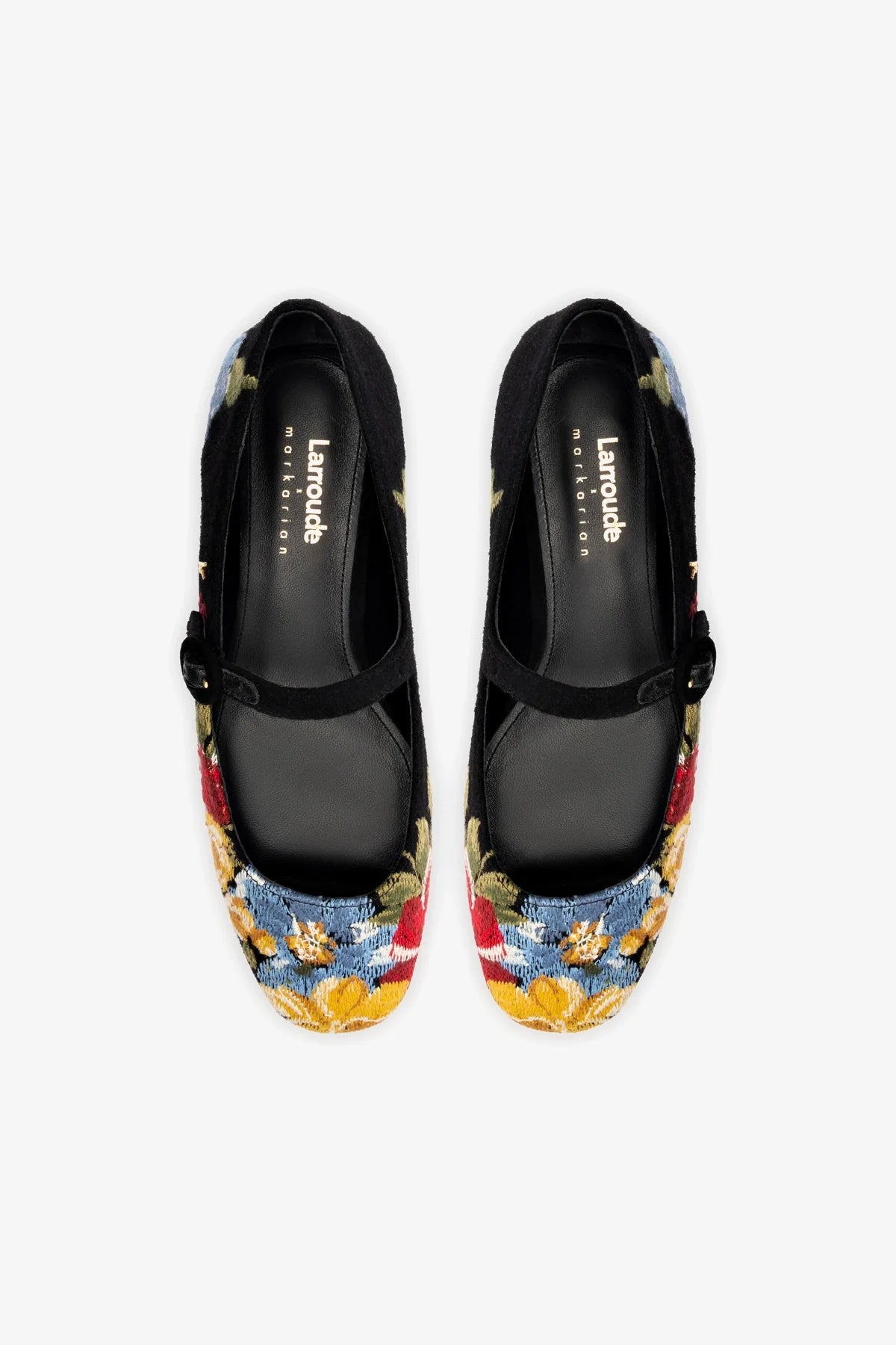 Larroudé x Markarian Black Wool Flat Shoes with Floral Embroidery - Elegant Women's Ballet Flats for Work, Date Night & Special Occasions