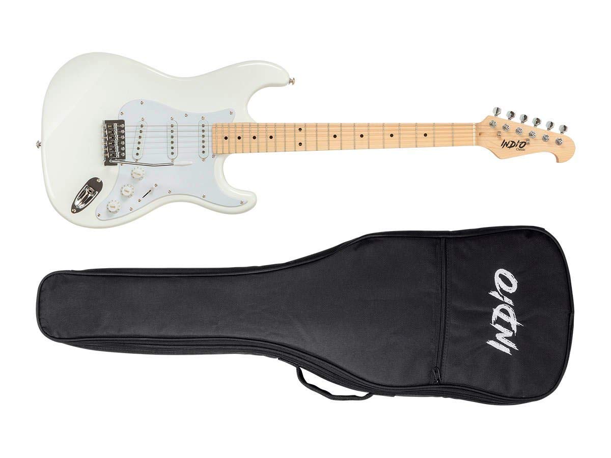 Monoprice Cali Classic Electric Guitar - White, 6-String Solid Body with SSS Pickups, Right-Handed Beginner Guitar with Gig Bag - Perfect for Practice, Recording & Live Performance - Indio Series