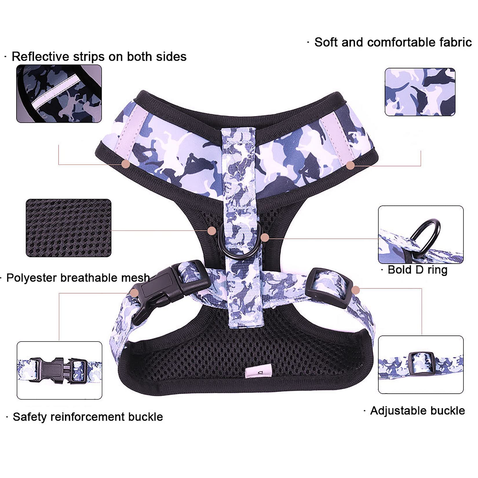 No Pull Dog Harness Set - Reflective Adjustable Soft Padded Vest with 5FT Leash & Poop Bag (Camo Purple) - Perfect for Walking, Running & Outdoor Adventures
