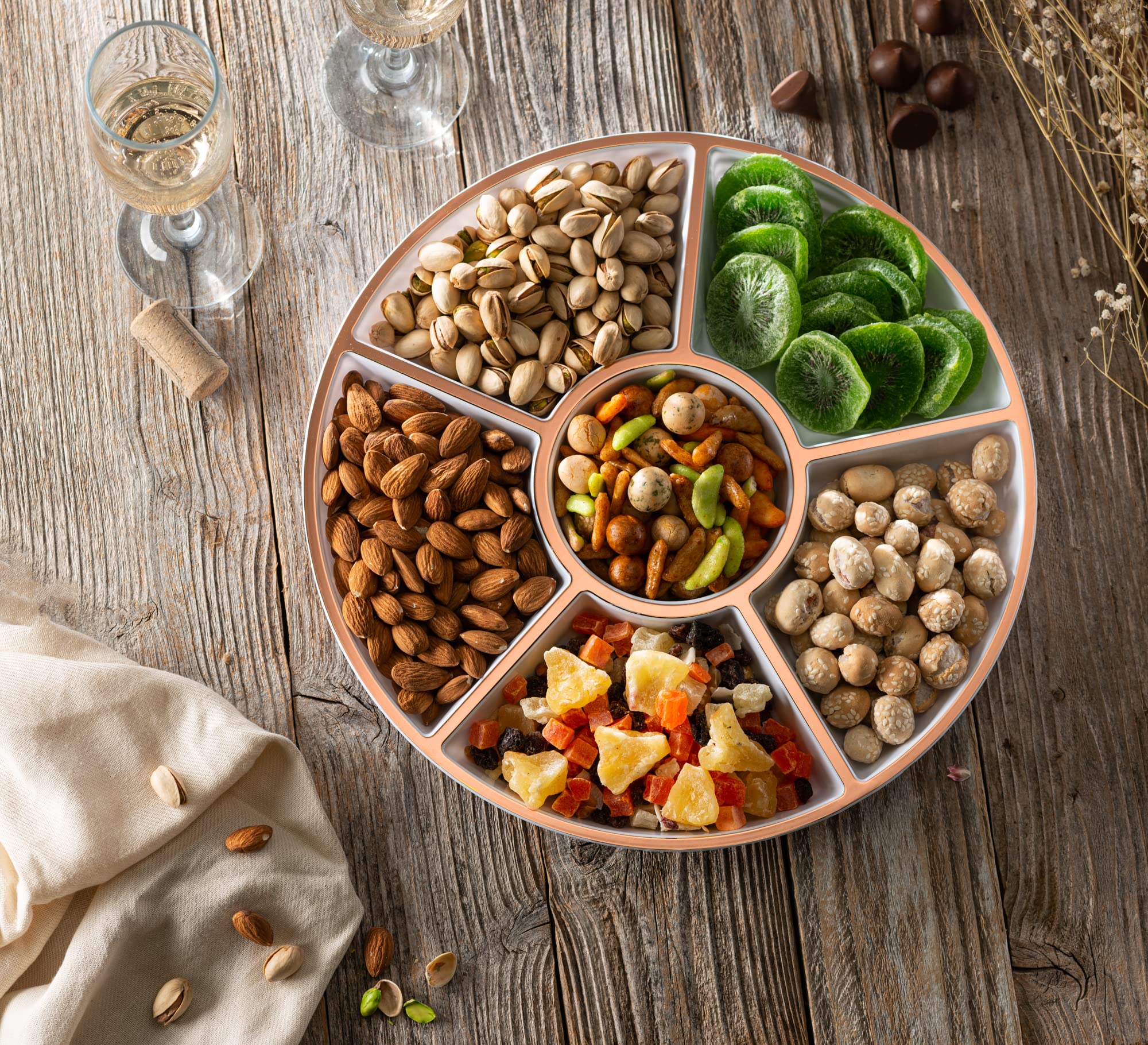 Plasticpro 6-Section Round Serving Tray Set - 4-Piece White & Rose Gold Appetizer Platter for Party Snacks, Entertaining Guests - Perfect for Weddings, Baby Showers & Holiday Gatherings - Ideal for Cocktail Parties, Bridal Showers & Christmas Celebrations - Great for Charcuterie Boards, Dessert Displays & Finger Food Serving at Home Events - Elegant Serving Solution for Cheese, Fruits, Canapés and Hors d'oeuvres at Dinner Parties and Special Occasions