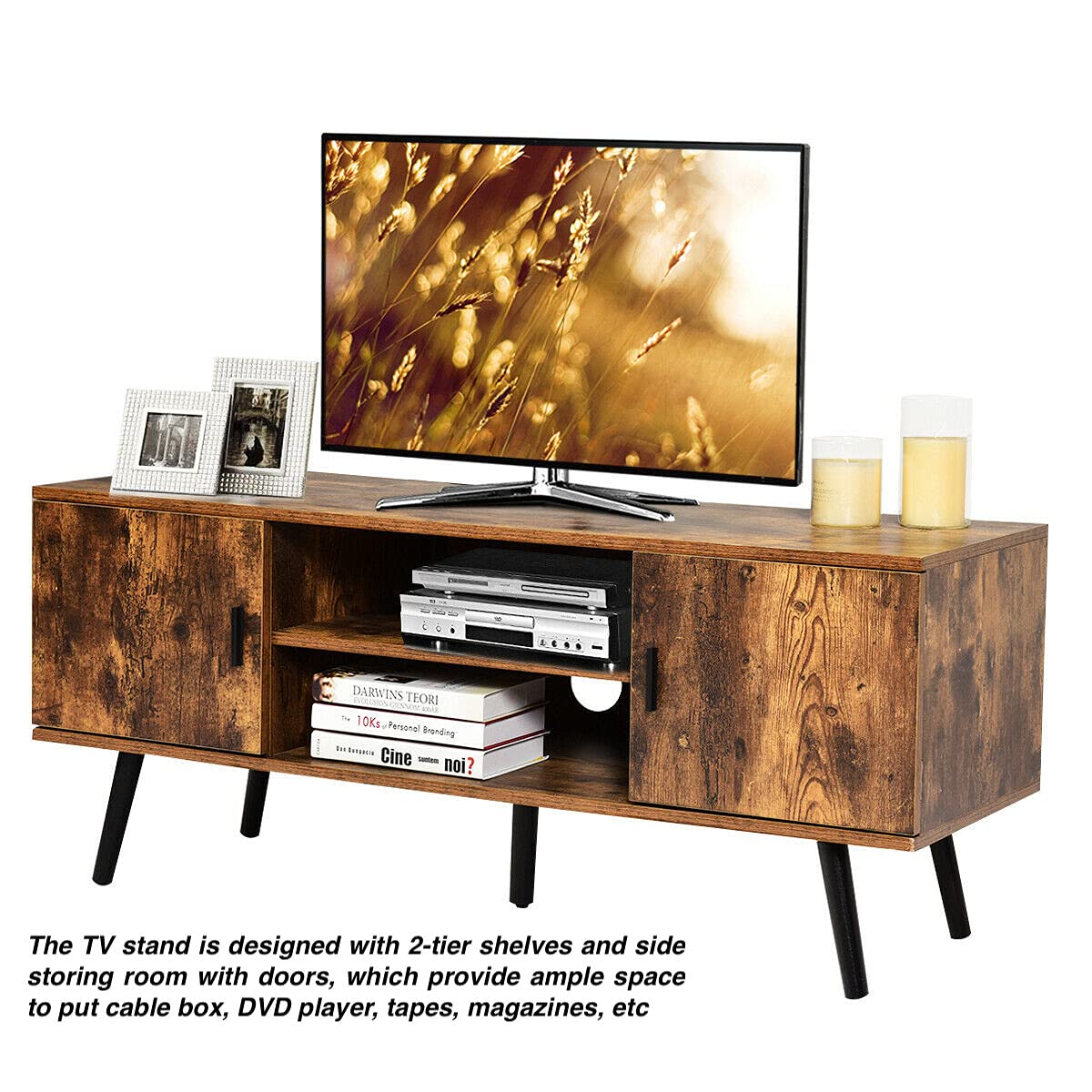 2-Tier TV Stand with Open Shelves & Storage Cabinets - Holds 55