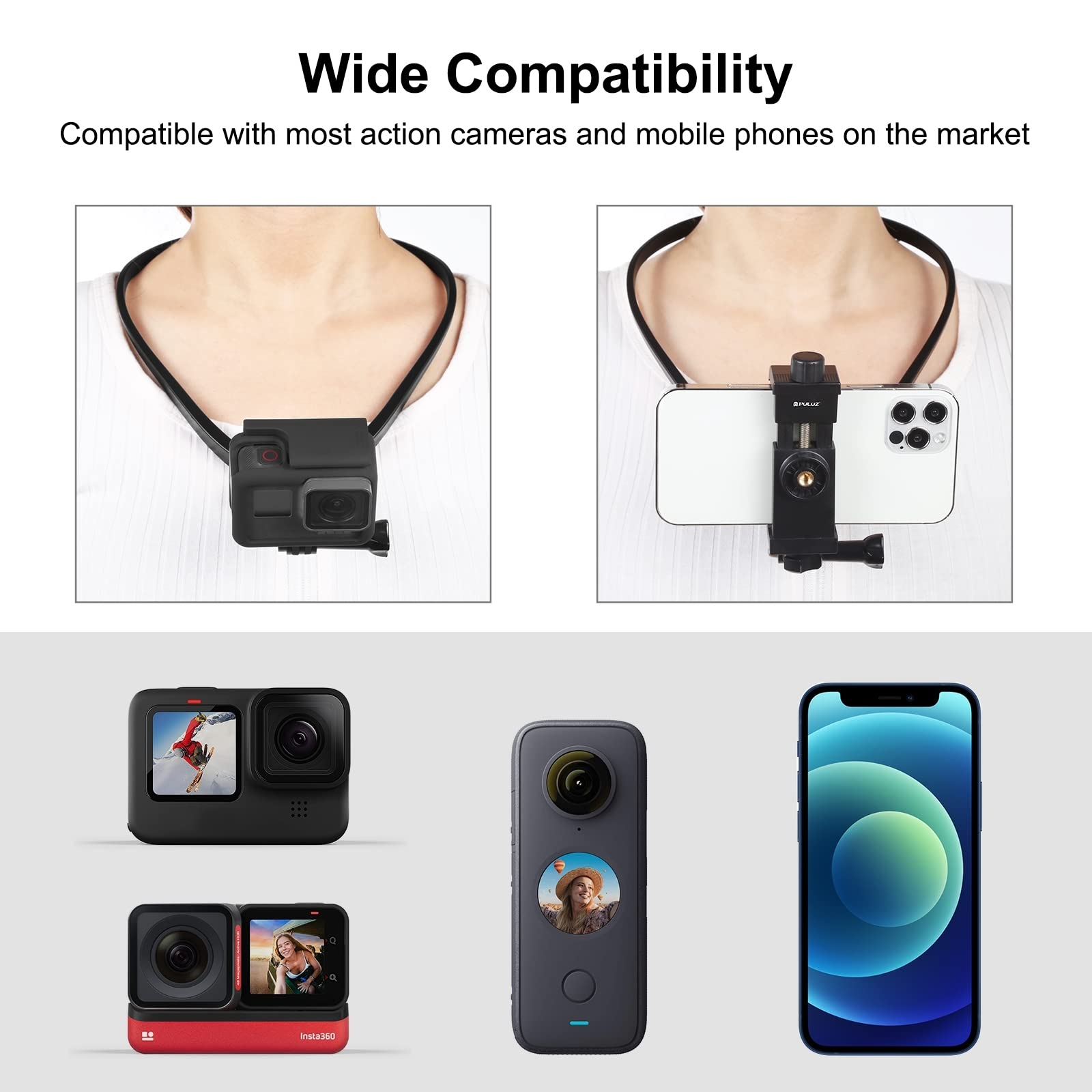 PULUZ Adjustable Neck Mount for Smartphone & GoPro - Hands-Free Selfie Stand for Vlogging, Live Streaming, TikTok Videos - Perfect for Travel, Cooking, Fitness & Outdoor Activities