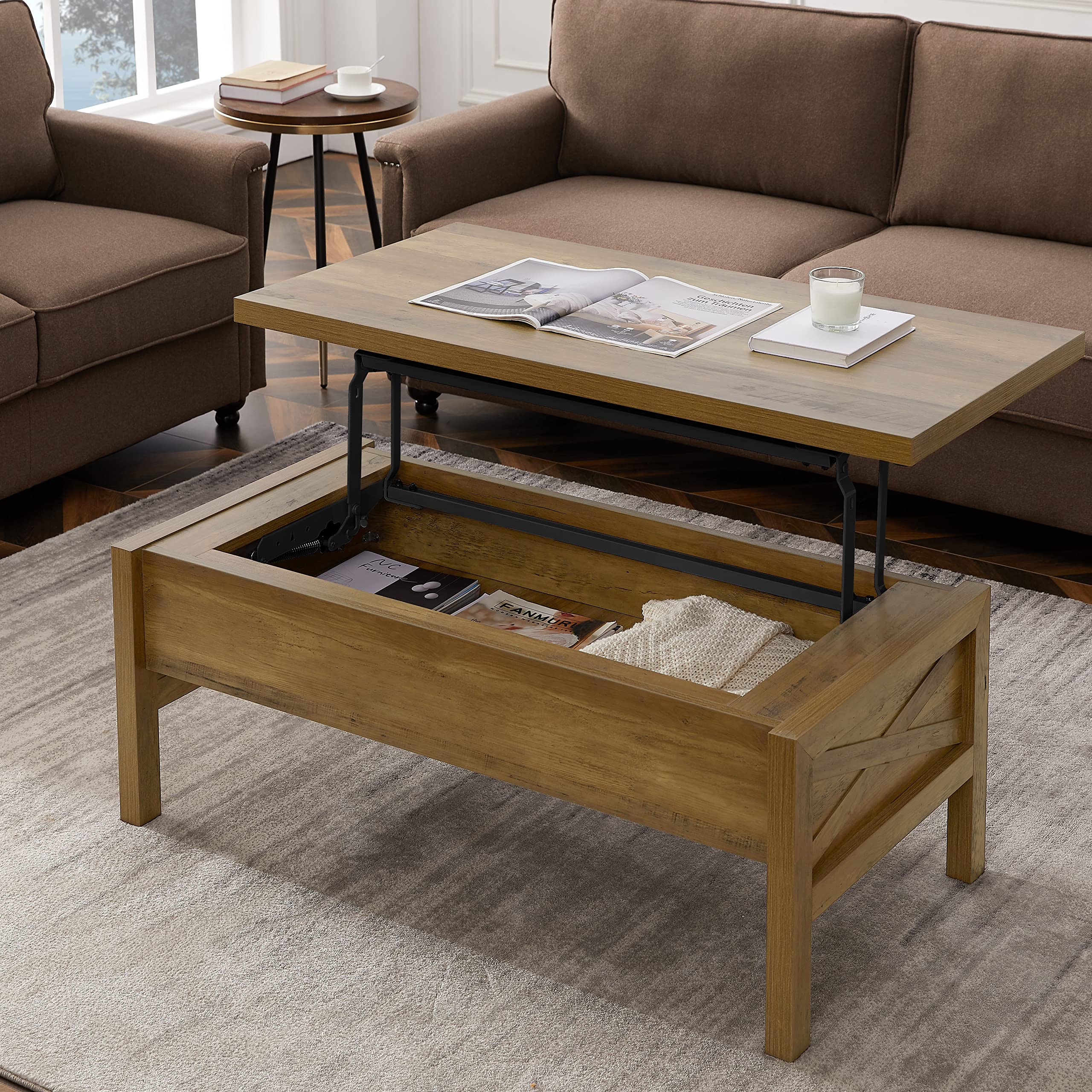 Mikibama 43.3 Inch Lift Top Coffee Table with Storage - Rustic Oak Finish, Metal Lift Mechanism & Hidden Compartment - Perfect for Living Room, Home Office, or Small Space Organization