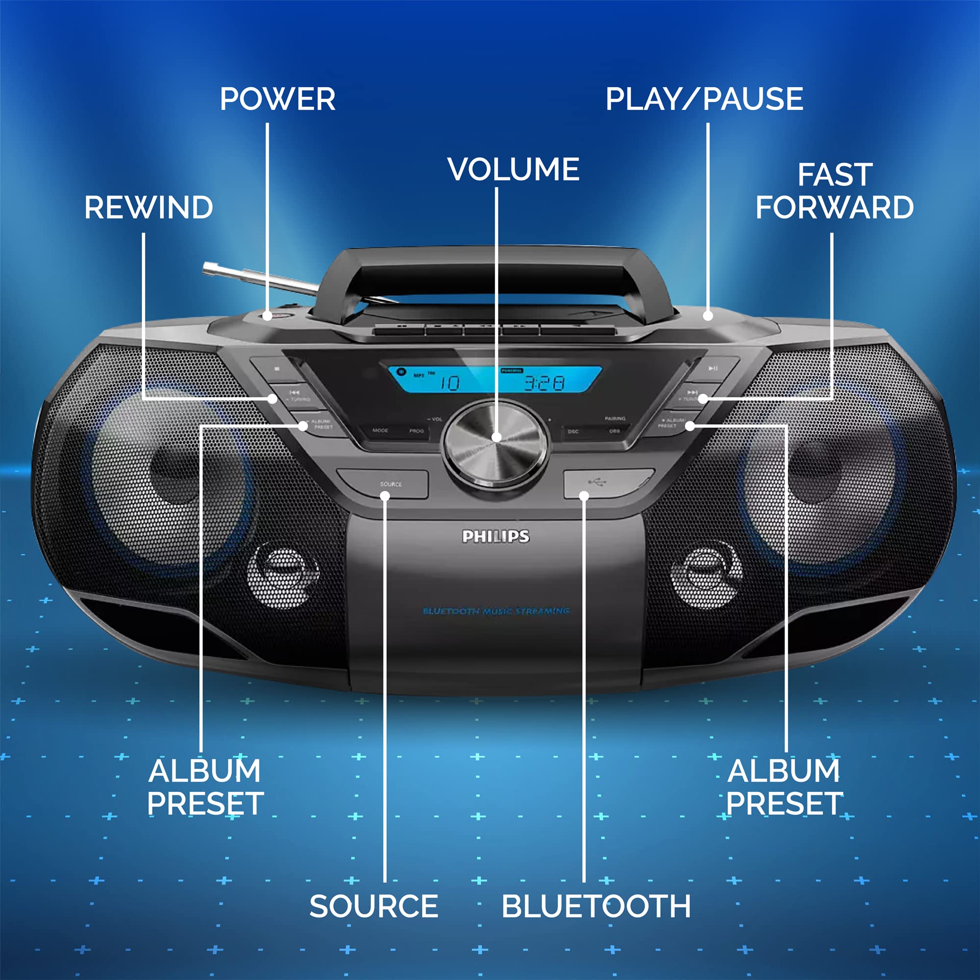 **Philips Portable CD Player Boombox with Bluetooth, Cassette Player, Mega Bass & FM Radio - USB/MP3/AUX Input, LCD Display - Perfect for Home, Parties & Outdoor Use**