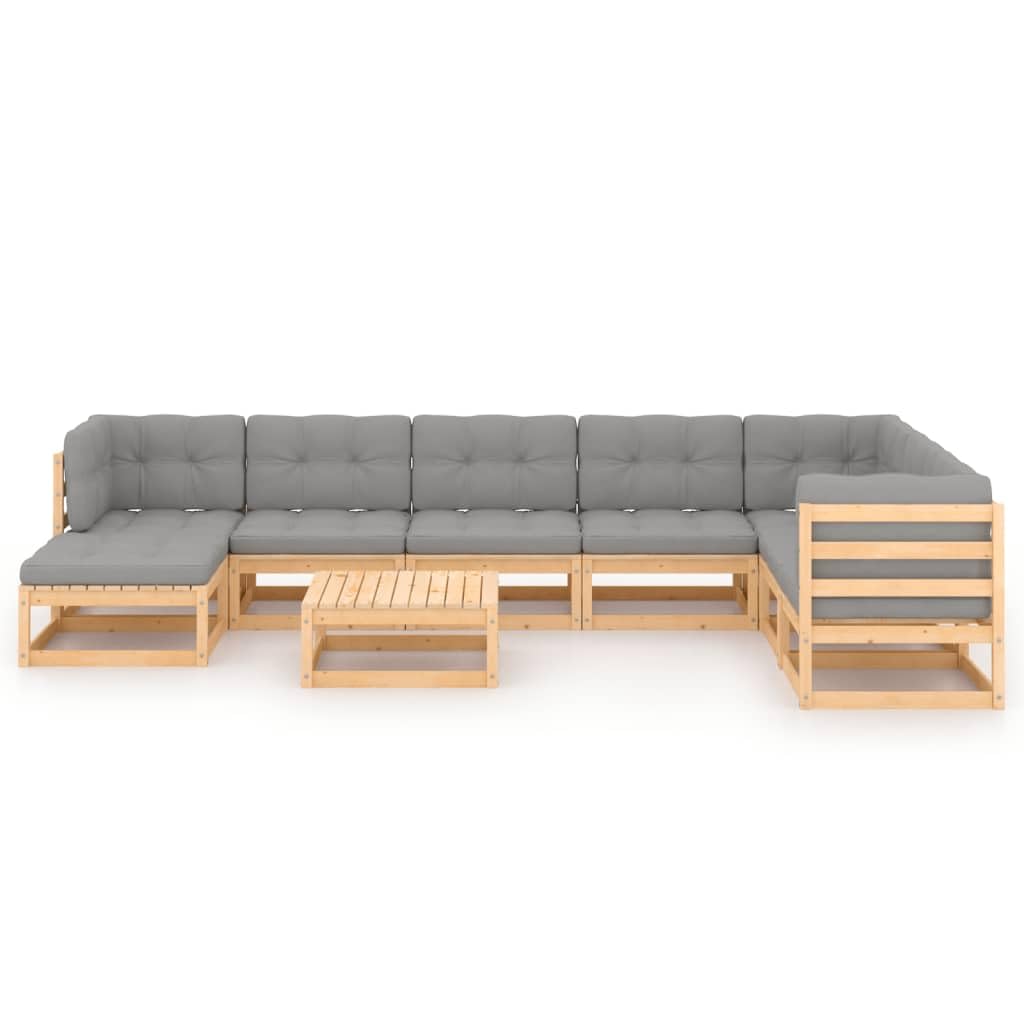 9-Piece Solid Pinewood Patio Lounge Set with Cushions - Modular Outdoor Furniture for Garden, Poolside & Backyard - Gray and Brown - Easy Assembly Required
