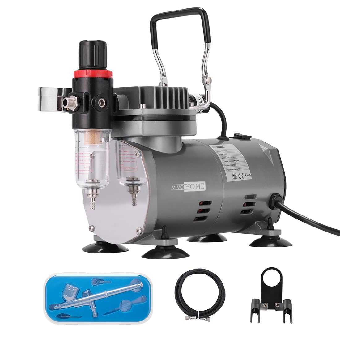 VIVOHOME 1/5 HP Airbrush Kit with Dual Action Airbrush, Gravity Feed, Quiet Air Compressor & Holder - Perfect for Makeup, Tattoo, Nail Art, Cake Decorating & Model Painting