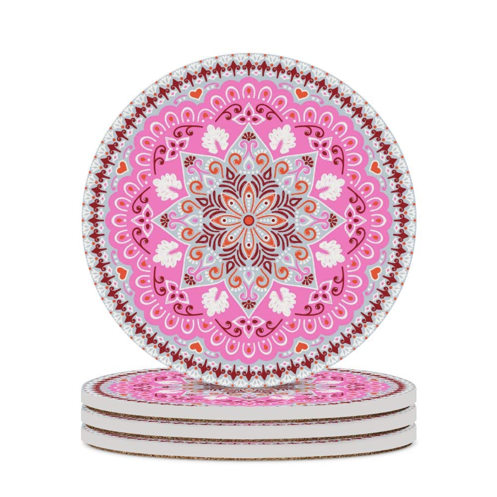 Set of 4 Absorbent Ceramic Coasters with Cork Base - Floral Ethnic Pattern Pink Round Drink Coasters for Coffee Cups & Glasses | Perfect for Bar, Farmhouse & Home Decor
