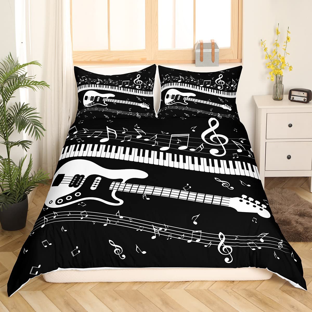 Erosebridal Guitar Bedding Set - Musical Notes & Piano Keys Comforter Cover for Kids, Boys, Girls & Teens - Rock & Roll Music Duvet Cover with Electric Guitar Design - Black Twin Size 2-Piece Bedspread Set - Perfect for Music Lovers' Bedroom Decor & Themed Kids' Rooms