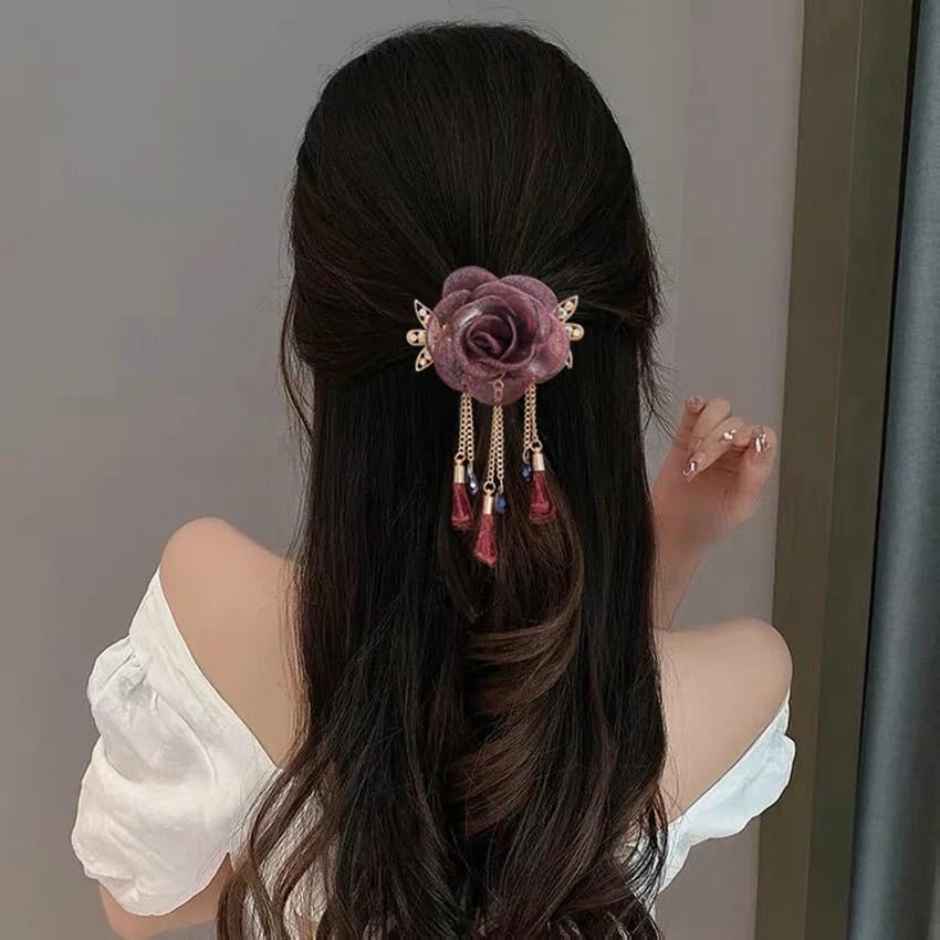 Elegant Metal French Barrette Hair Clip with Tassel - Floral Hair Accessories for Women & Girls - Perfect for Weddings, Parties and Everyday Wear