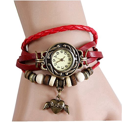 KitMax 6-Pack Vintage Heart with Wings Pendant PU Leather Band Women's Quartz Wrist Watches - Assorted Colors (Color May Vary) - Perfect for Casual Wear, Gift Giving & Everyday Fashion Accessories
