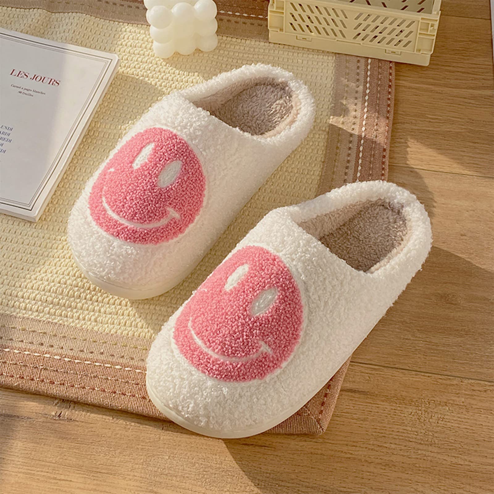 Women's Smile Face Slippers - Soft Plush Retro Preppy Happy Face Slip-On Slippers for Indoor & Outdoor Use | Cozy House Shoes for Relaxing at Home, Lounging, or Quick Outdoor Errands