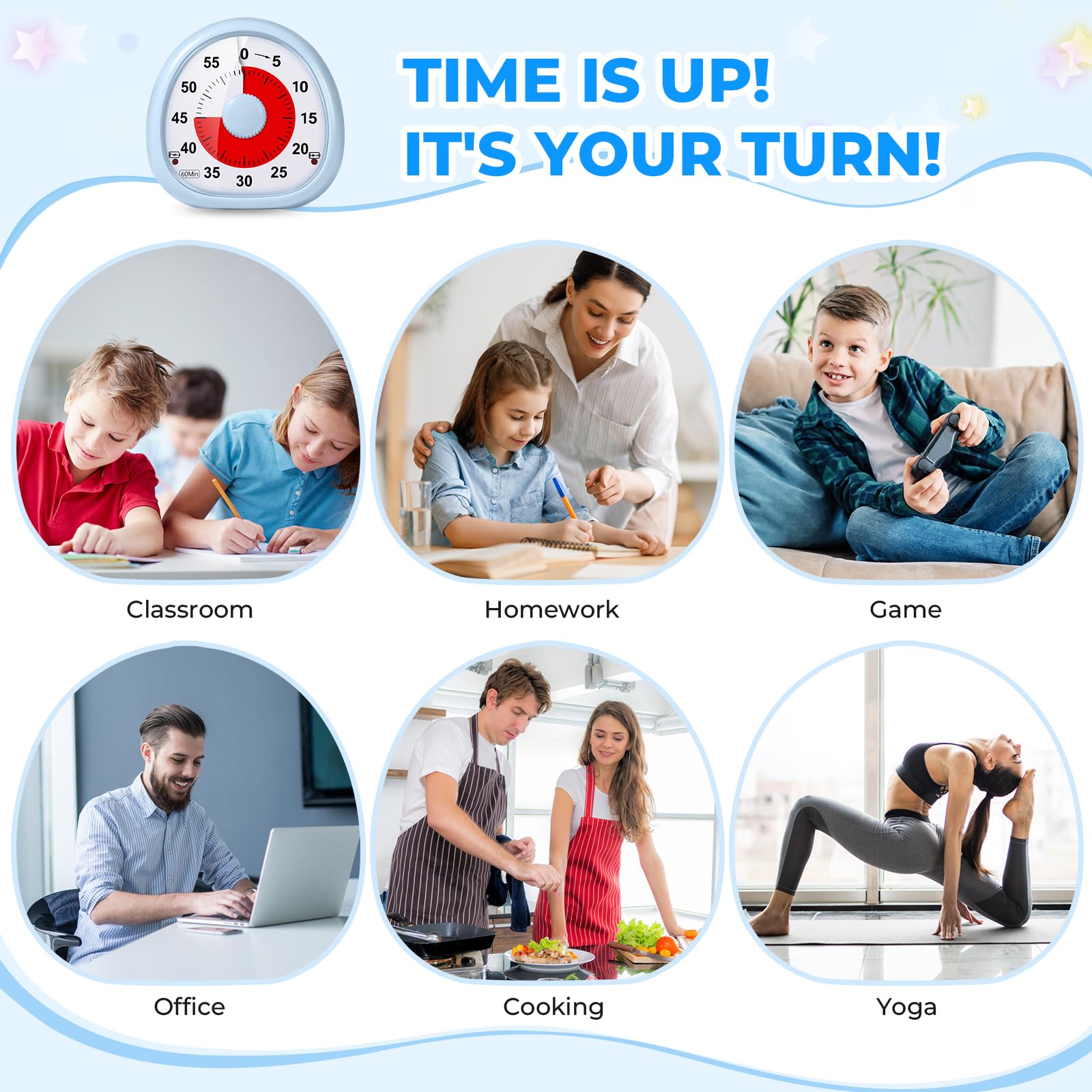 Rechargeable 60-Minute Visual Timer for Kids - Silent Countdown Clock, Time Management Tool for Classroom, Kitchen, Bathroom, Homework & Study (Blue) - Perfect for Focus, Chores & Learning Activities