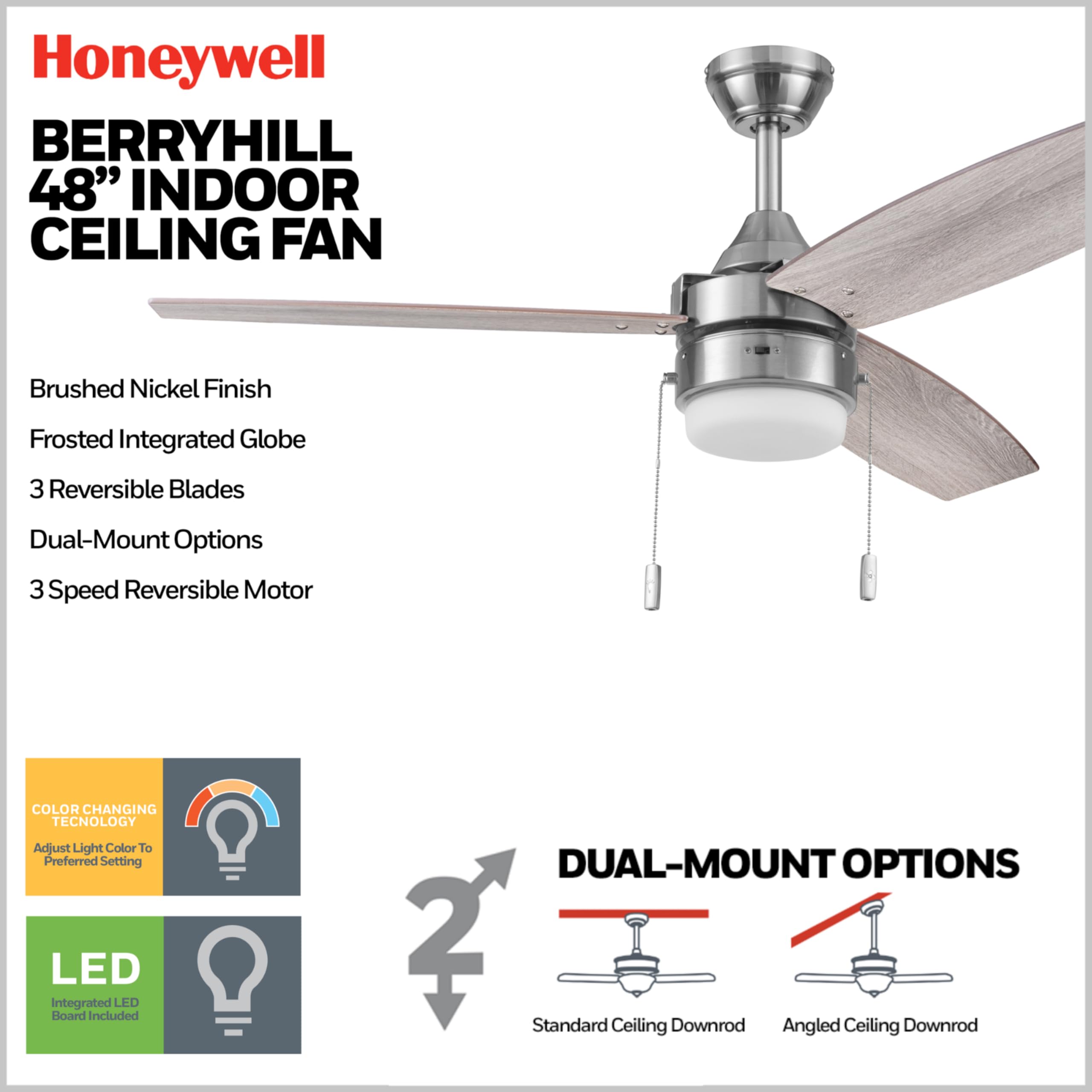 Honeywell 48 Inch Ceiling Fan with Color Changing LED Light, Pull Chain, Dual Mounting Options, 3 Reversible Blades - Brushed Nickel | Indoor Cooling for Living Room, Bedroom & Patio