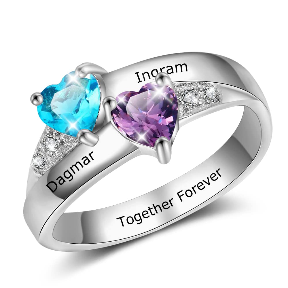 Personalized Promise Rings for Women - 2 Heart Simulated Birthstone Engraved with Mother's Name | Perfect for Anniversaries, Valentine's Day & Mother's Day Gifts