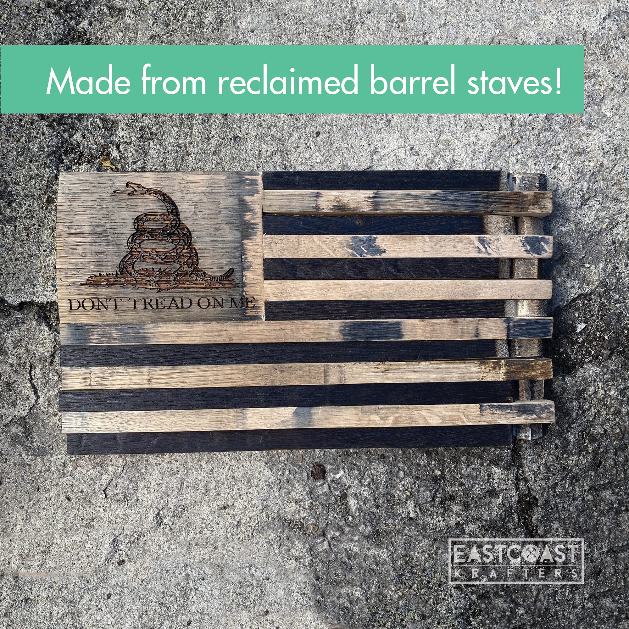 Handmade Bourbon Barrel Stave Gadsden Flag Display - American Made Wooden Wall Decor - Perfect for Home, Office, or Man Cave Decorating