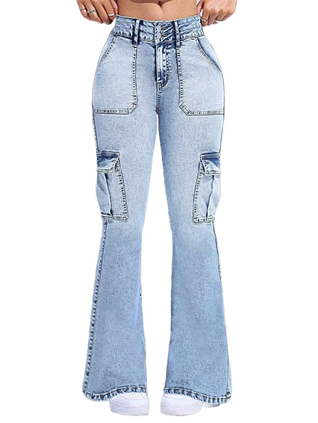 Flamingals Women's High Waist Cargo Jeans - Wide Leg Flare Denim Pants with Butt Lifting Design & Flap Pockets | Y2K Fashion for Casual Wear, Street Style & Retro Outfits