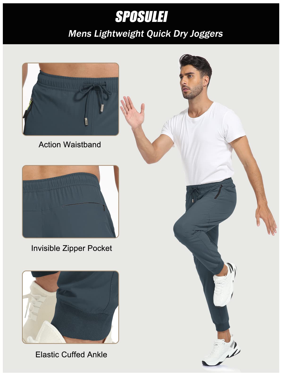 SPOSULEI Men's Lightweight Joggers - Quick Dry Athletic Hiking Pants with Zipper Pockets for Running, Gym & Outdoor Workouts - Perfect for Travel and Casual Wear