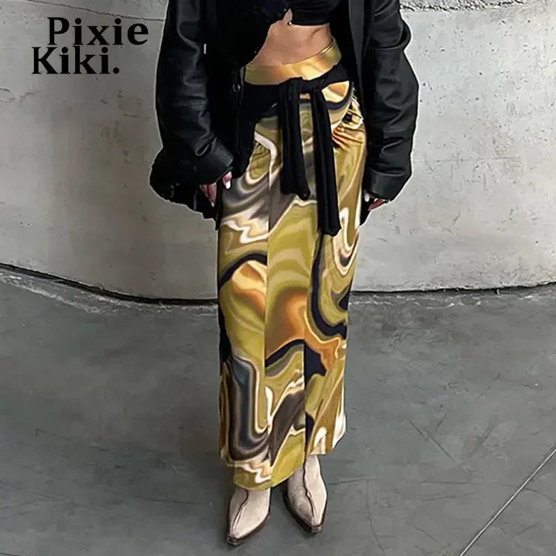 Vintage 2000s Aesthetic Abstract Yellow Printed High Waisted Long Skirts for Women - Retro Fashion Bottoms P85 BD18 | Perfect for Boho Chic Outfits, Casual Wear & Festival Style