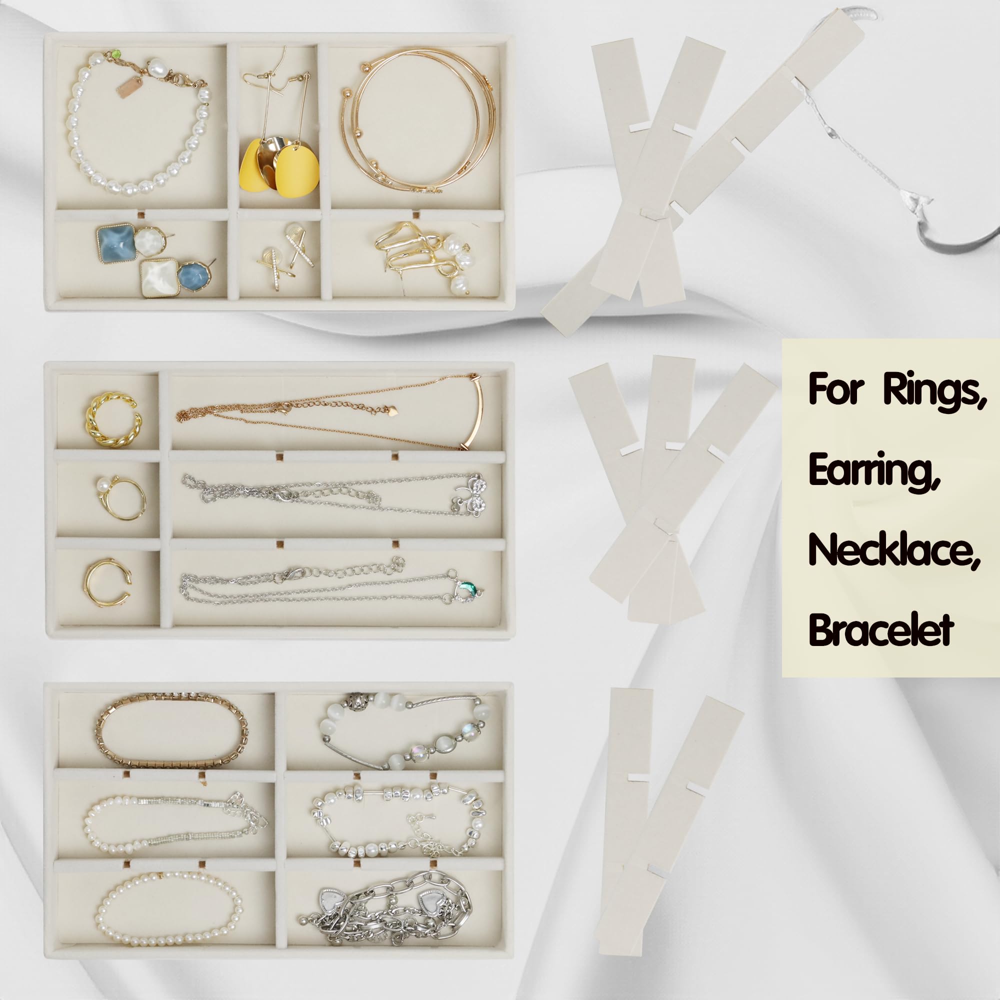 8-Piece Stackable Velvet Jewelry Organizer Set with Lid - Adjustable Drawer & Dresser Tray for Earrings, Necklaces, Rings & Bracelets - Beige Jewelry Storage Box for Bedroom, Closet & Travel