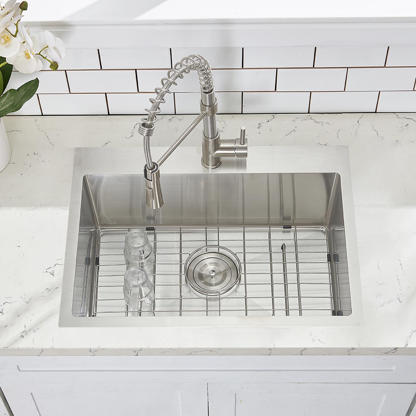 VCCUCINE 22x18 Inch Drop-in Kitchen Sink - 16 Gauge Topmount Stainless Steel RV Small Bar Sink with Strainer - Handmade Brushed Nickel Prep Sink for Outdoor, Wet Bar & RV Kitchen Use