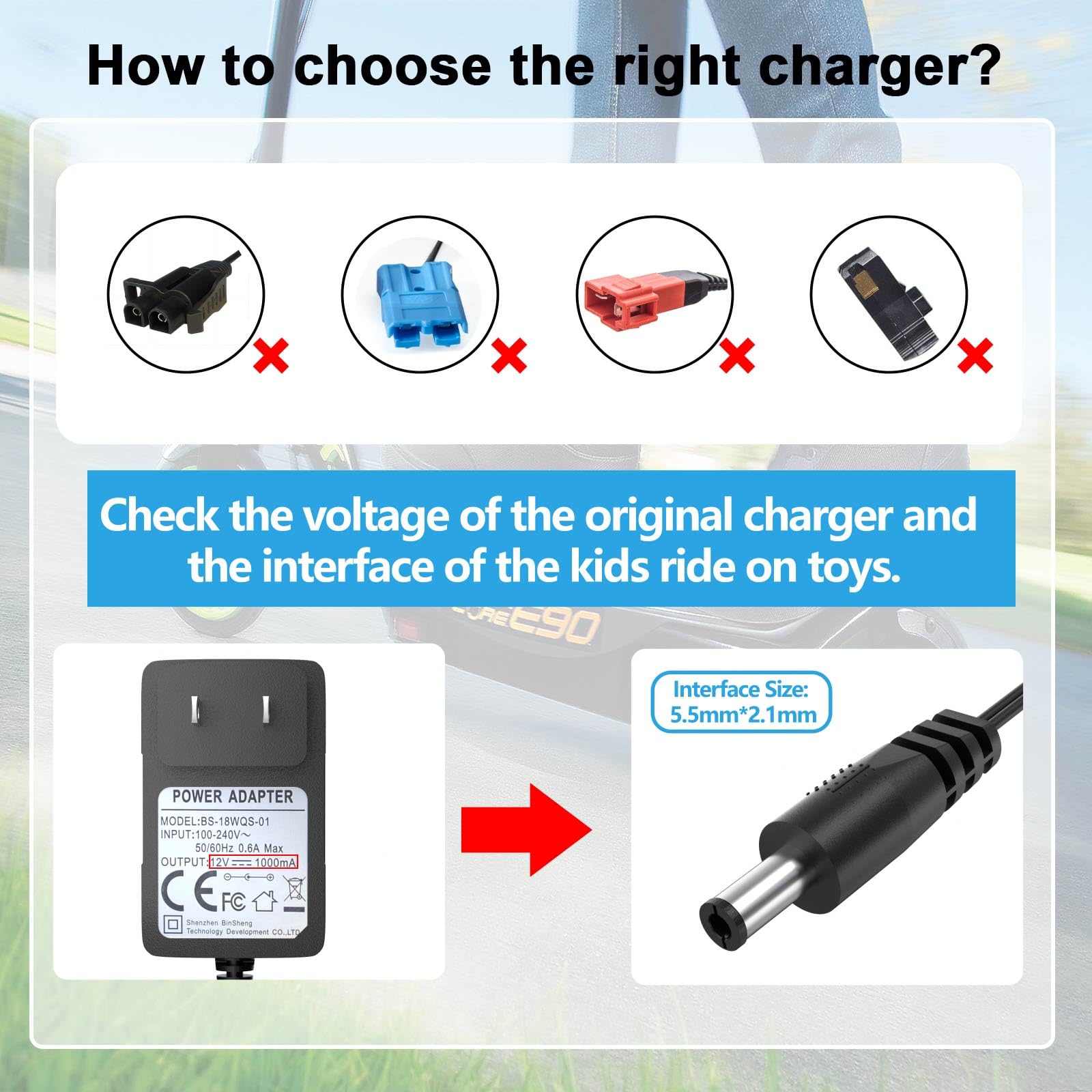 12V Universal Battery Charger for Kids Ride-On Cars - Compatible with Mercedes, BMW i8, Jeep, Lamborghini Electric Toy Vehicles - 6.5FT Cord with Indicator Light - Best Choice Products (Perfect for Birthday Gifts & Outdoor Playtime)