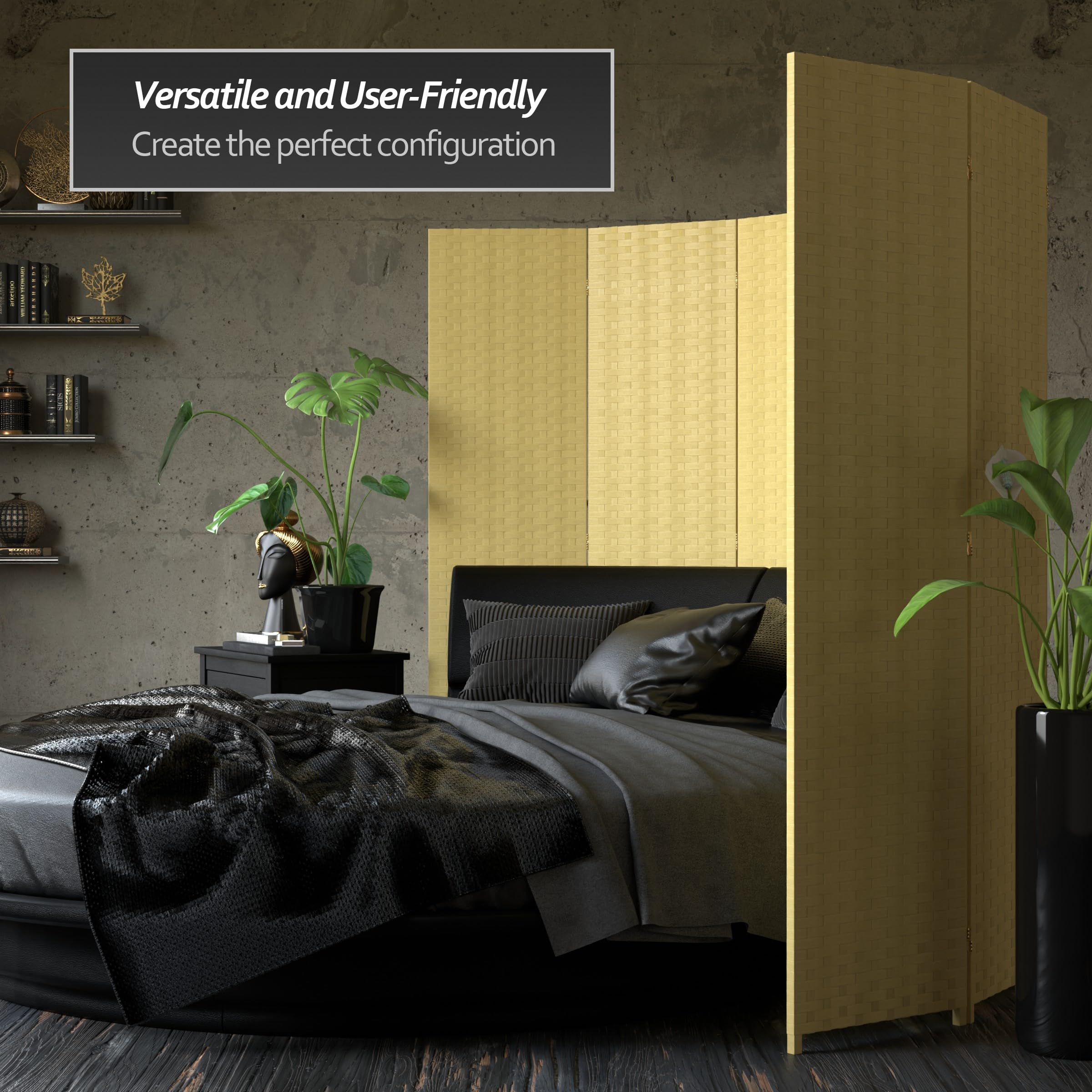 6 ft. Tall Red Lantern Woven Fiber 4-Panel Room Divider - Dark Beige Privacy Screen for Bedroom, Office, or Living Room Partition
