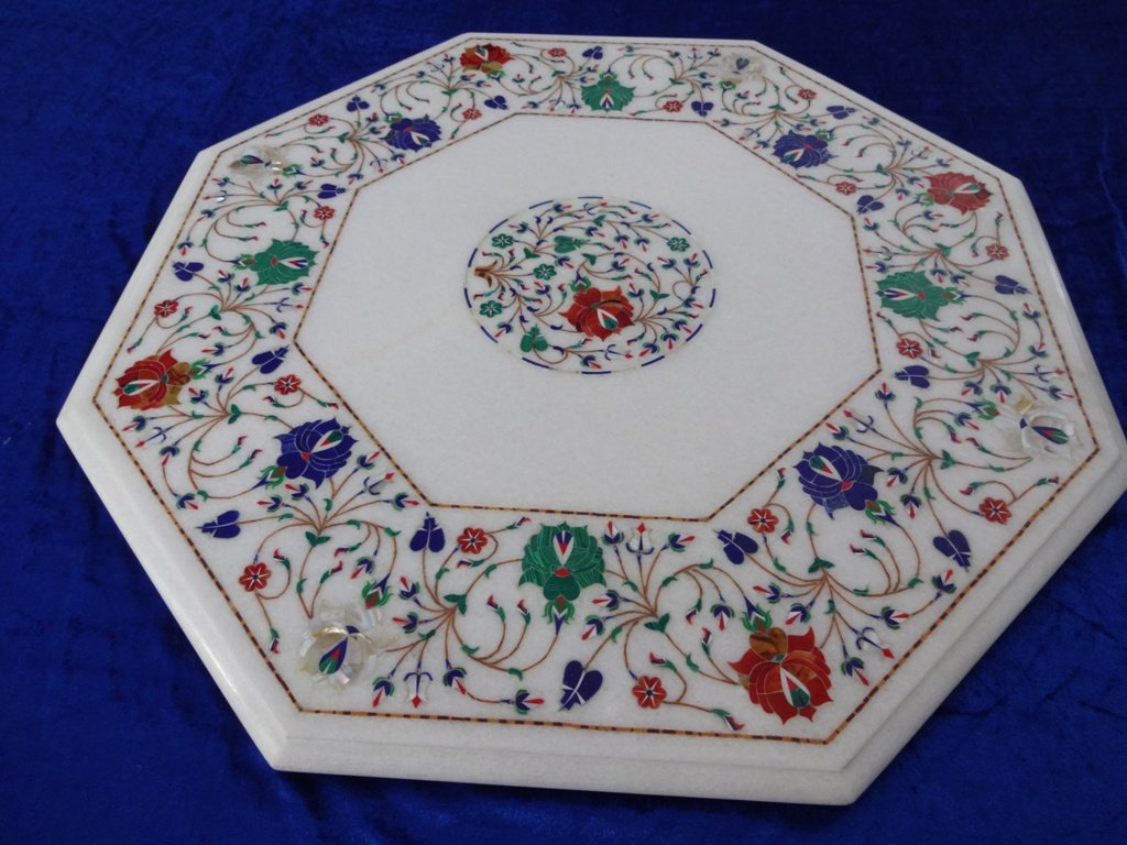 24 Inch White Marble Coffee Table Top with Floral Pietra Dura Inlay Art - Mughal Design Decorative Home Decor for Living Room & Office