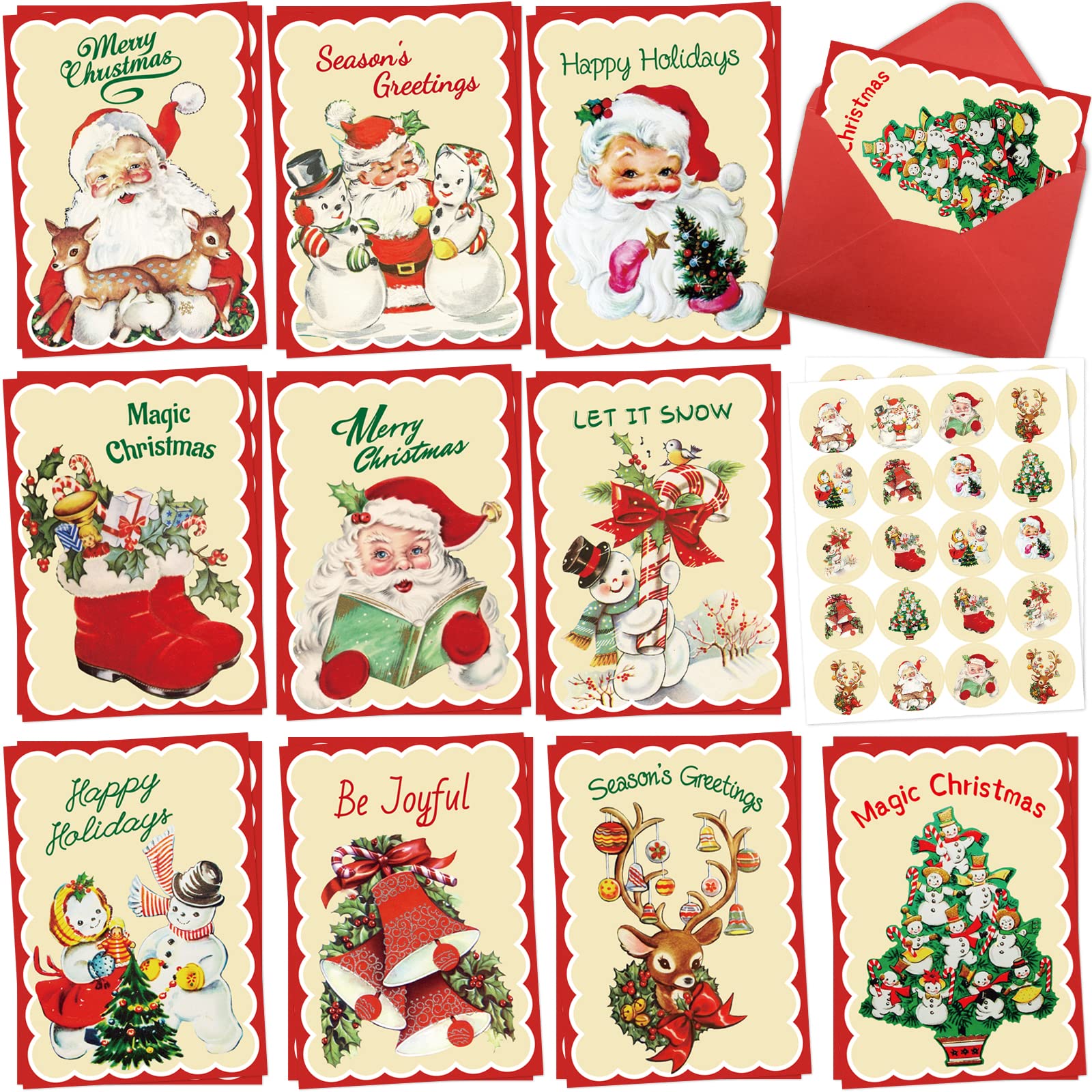 Vintage Christmas Cards 20 Pack - Retro Holiday Greeting Cards with Envelopes, Merry Christmas Blank Note Cards for Classroom, Home, Office & Business - Perfect for Holiday Parties, Gift Exchanges & Festive Decorations
