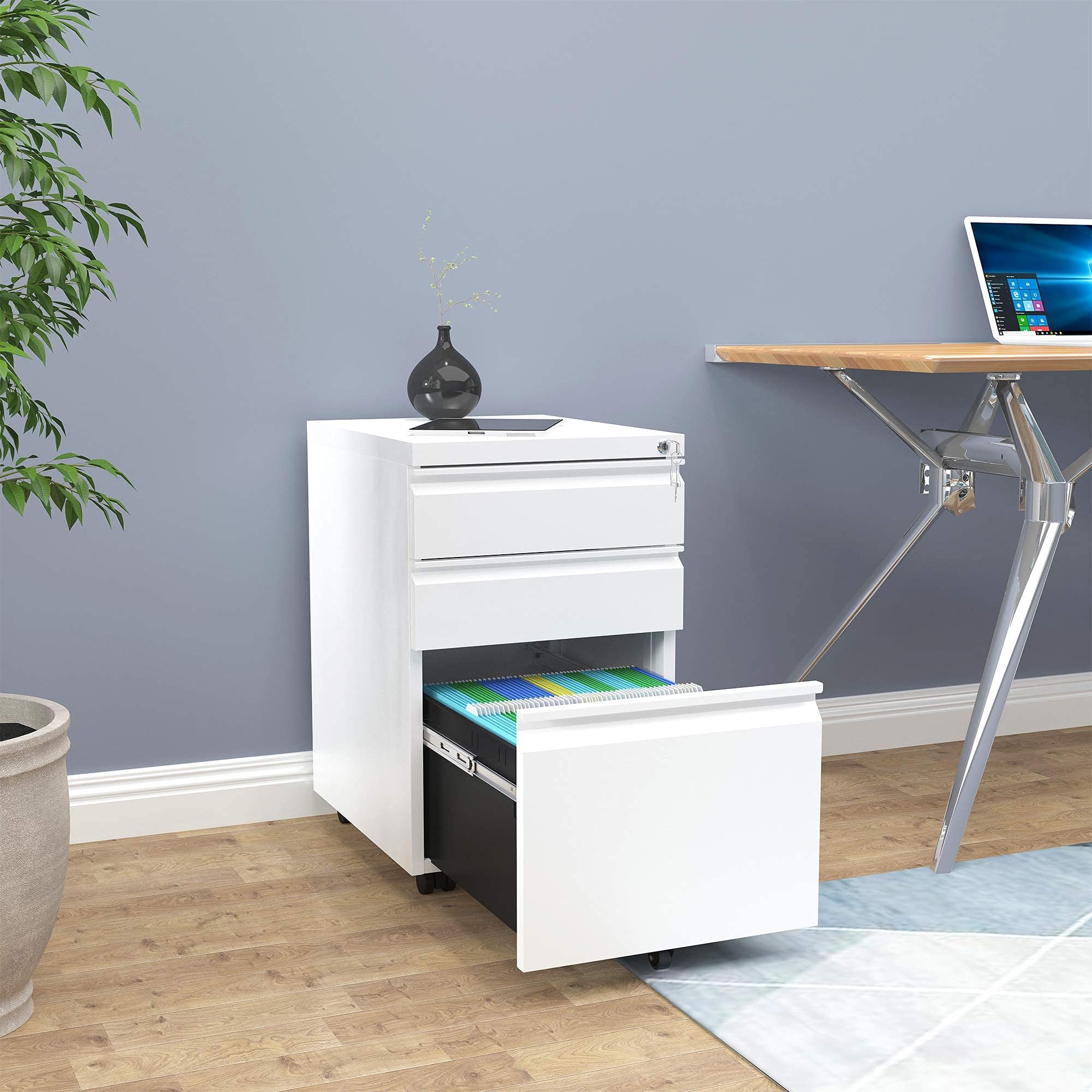 YITAHOME 3-Drawer Locking Mobile File Cabinet - Pre-Assembled Metal Office Storage for Legal/Letter Size Documents - Under Desk Filing Cabinet with Wheels (White) - Perfect for Home Office, Small Business & Workspace Organization