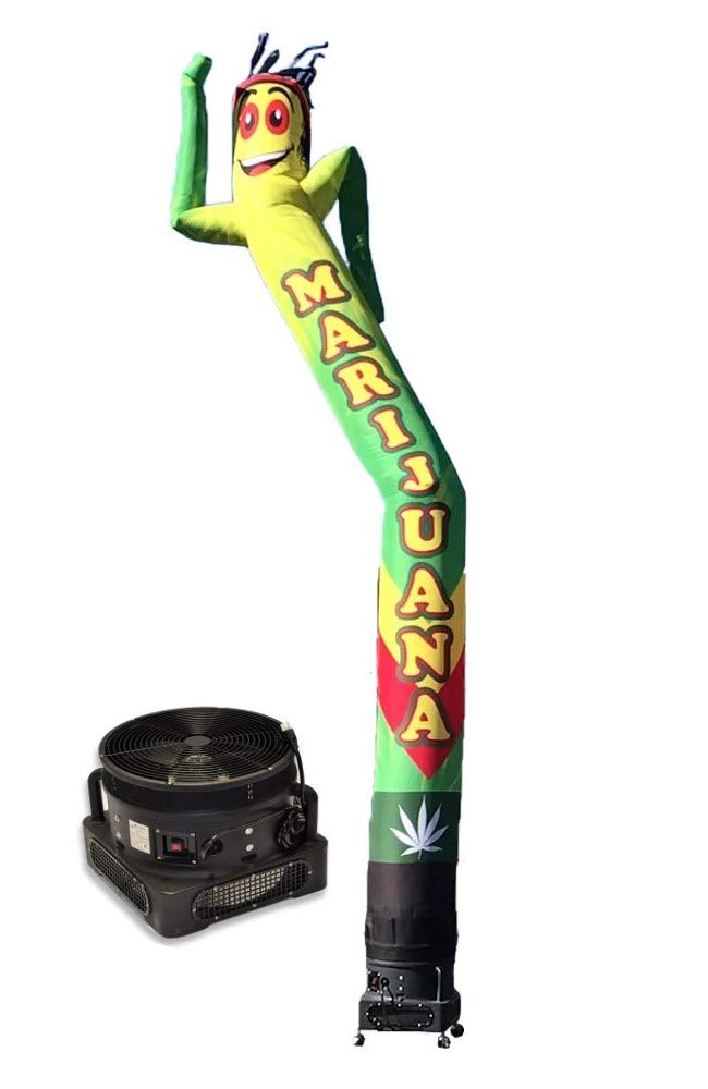 20ft Inflatable Tube Man Air Dancer with 1HP 2-Speed Blower - Green/Yellow Marijuana Design Waving Puppet for Car Dealerships, Grand Openings & Outdoor Advertising