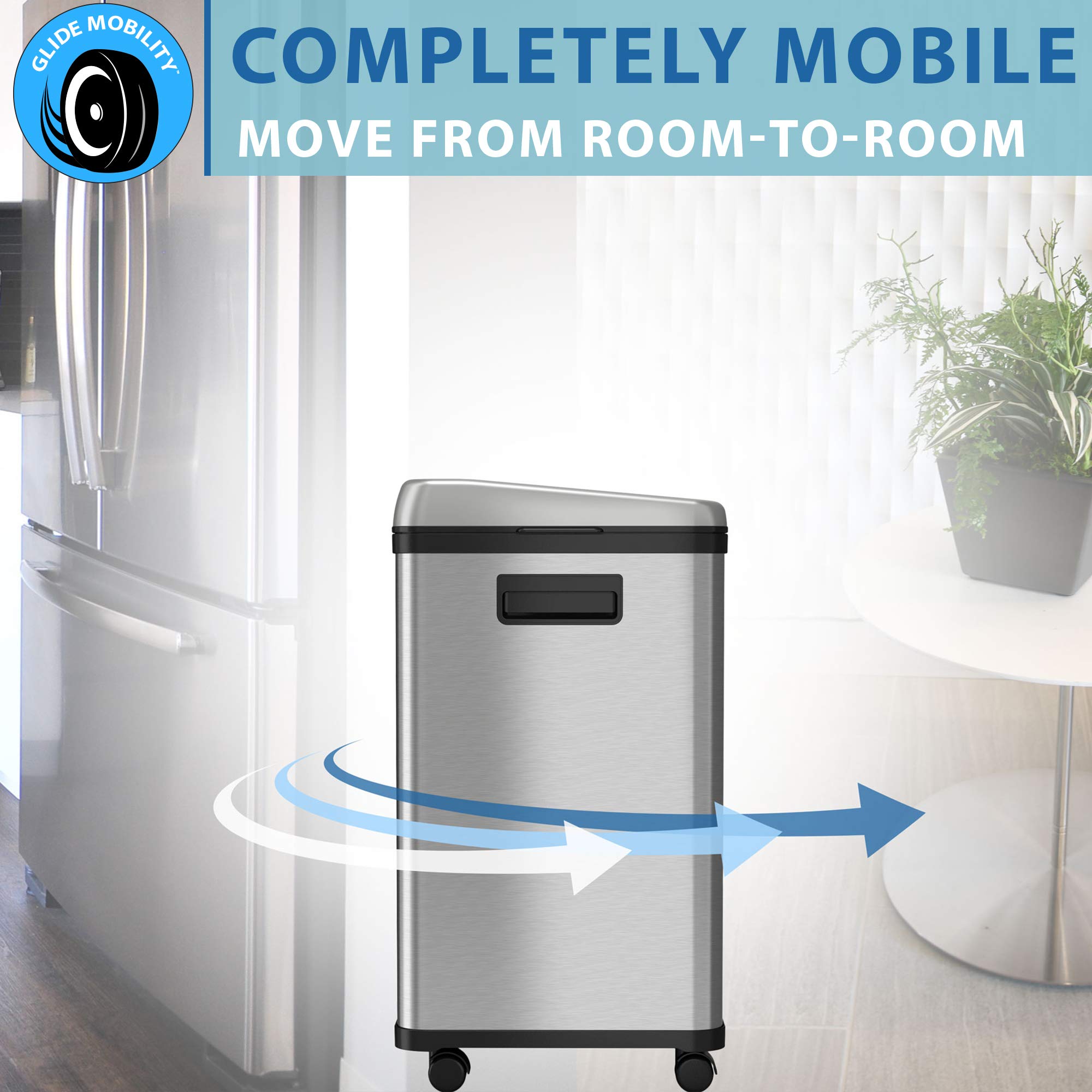 iTouchless 16 Gallon (60 Liter) Stainless Steel Touchless Sensor Trash Can & Recycle Bin with Wheels - Dual-Compartment Kitchen Garbage Can (2 x 8 Gallon) for Waste Sorting, Recycling, and Hygienic Disposal - Perfect for Home, Office, and Restaurant Use