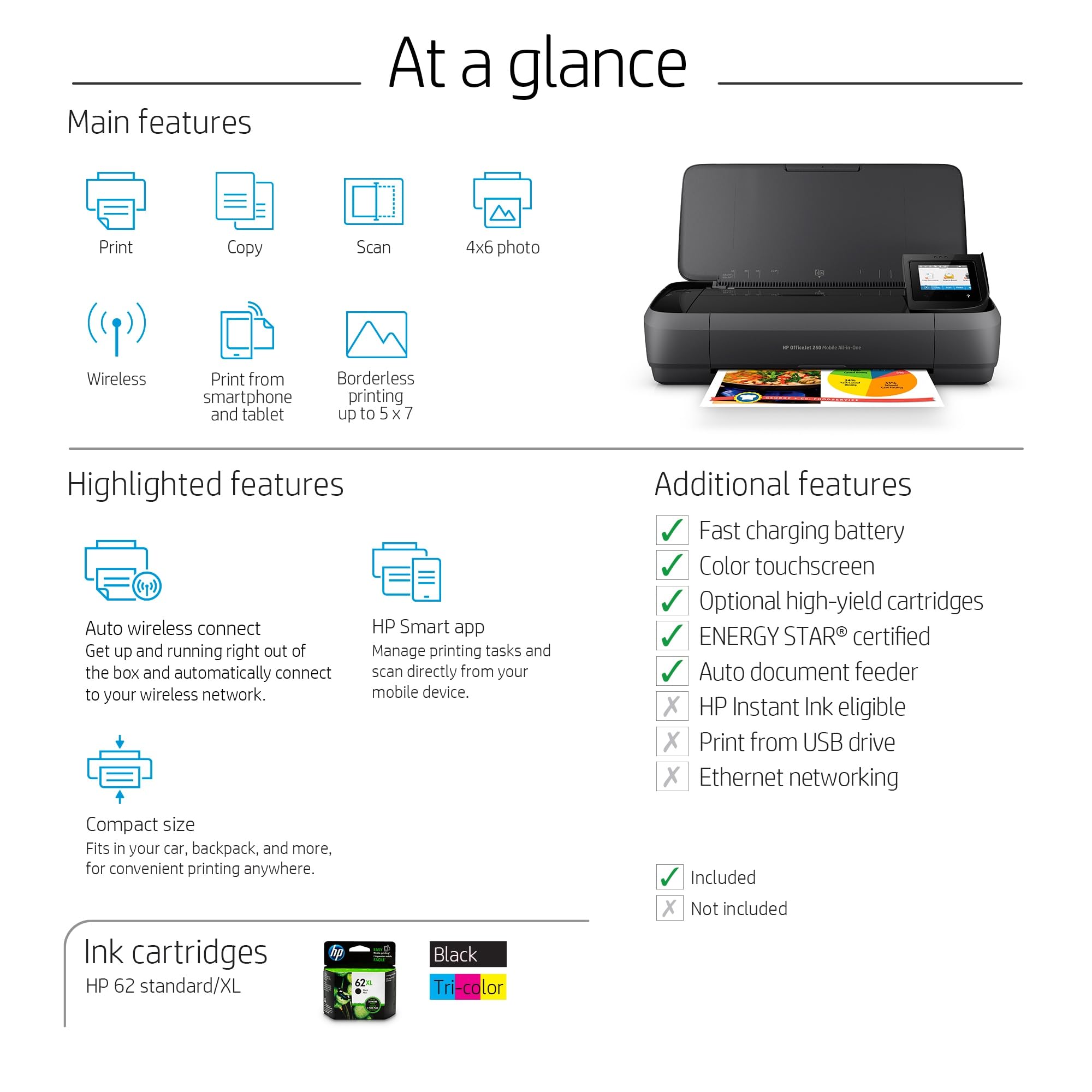 HP Officejet 250 Mobile All-in-One Printer - Wireless, Scanner, Copier with WLAN, HP ePrint, WiFi Direct, USB - 4800 x 1200 dpi High Resolution - Compact for Home Office & Business Travel - Black