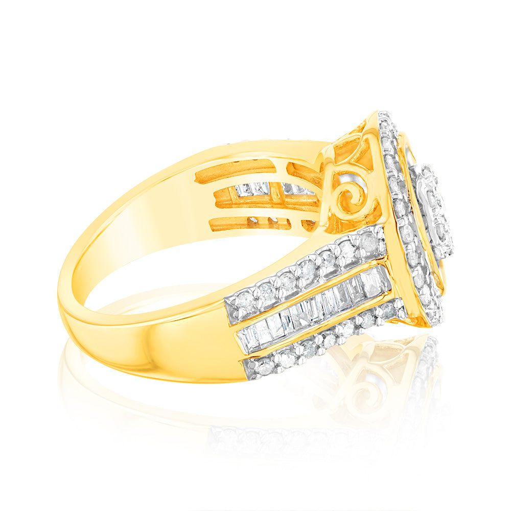 1 Carat Diamond Cluster Ring with Round Brilliant & Baguette Cut Diamonds in 9K Yellow Gold - Elegant Wedding, Engagement & Anniversary Jewelry Gift for Her