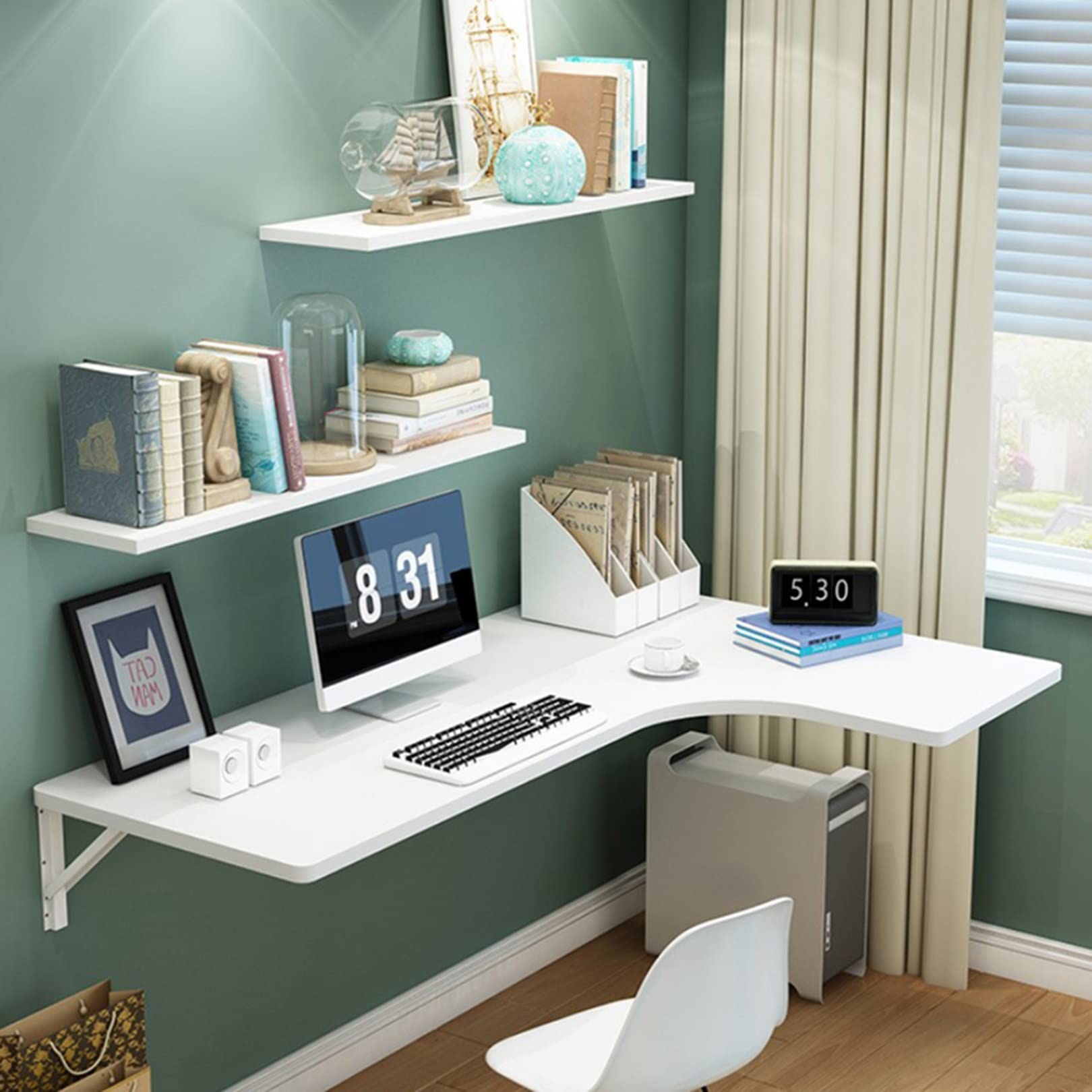 Leaceuv Corner Floating Wall Mounted Computer Desk with Metal Folding Brackets - Space Saving Study Desk for Small Rooms, Home Office, Kitchen & Dorm | Sturdy Double Support Design for Laptops & Workstations