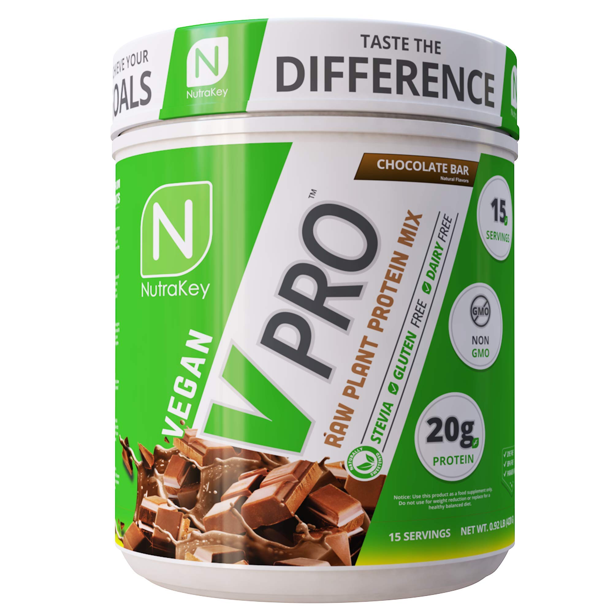 NutraKey V-Pro Organic Vegan Raw Plant Protein Powder - 20g Protein, Low Carb, Gluten Free, Chocolate Flavor (1-Pound) for Smoothies, Baking & Post-Workout Recovery